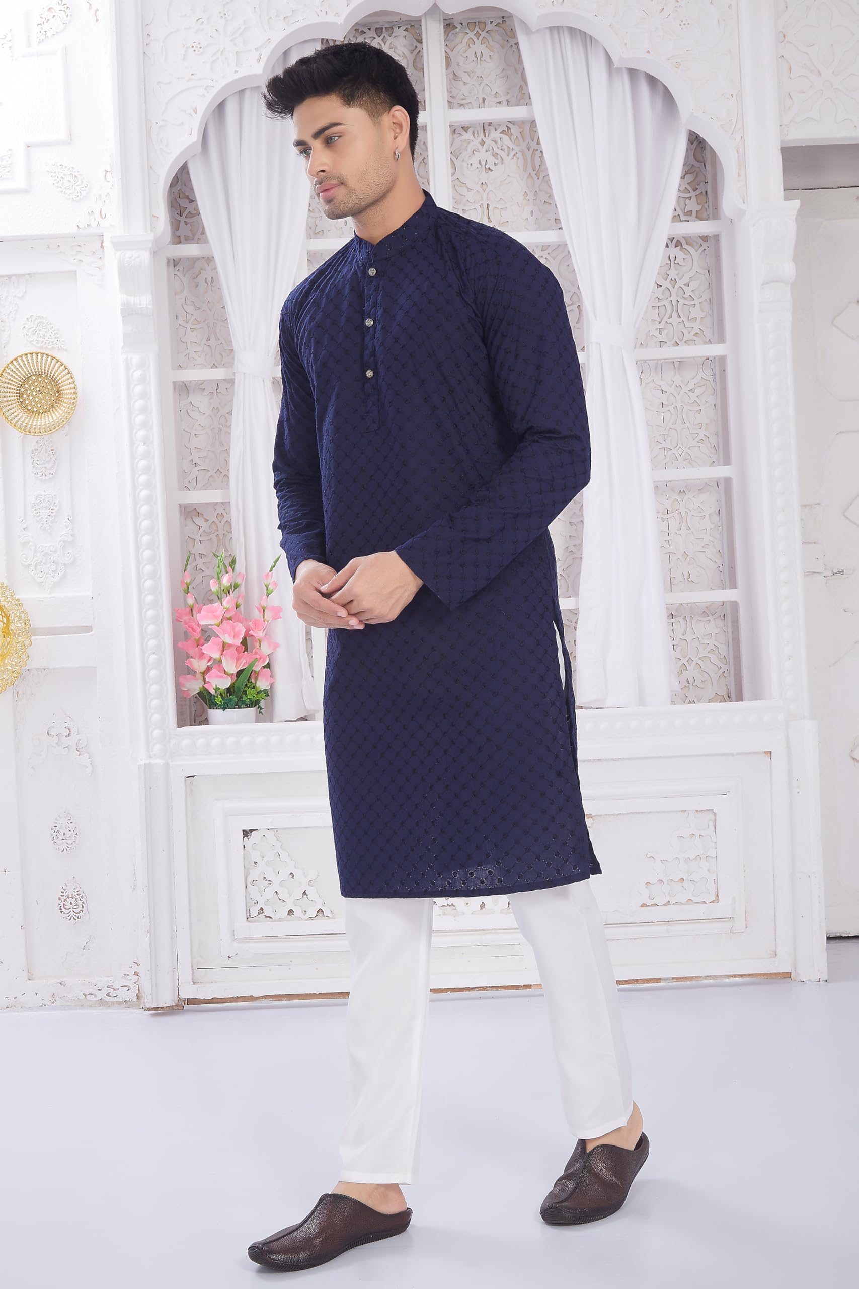 Divisive Men's Thread Embroidered Cotton Only Slim Fit Kurta (Dkrt634_M_Navy)