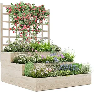 3-Tier Raised Garden Bed with Trellis, Wooden Vertical Planters Bed with Open-Ended Base for Climbing Plants Vines Flower Herb Vegetable Fruit,Outdoor Planter Boxes for Patio Yard Lawn