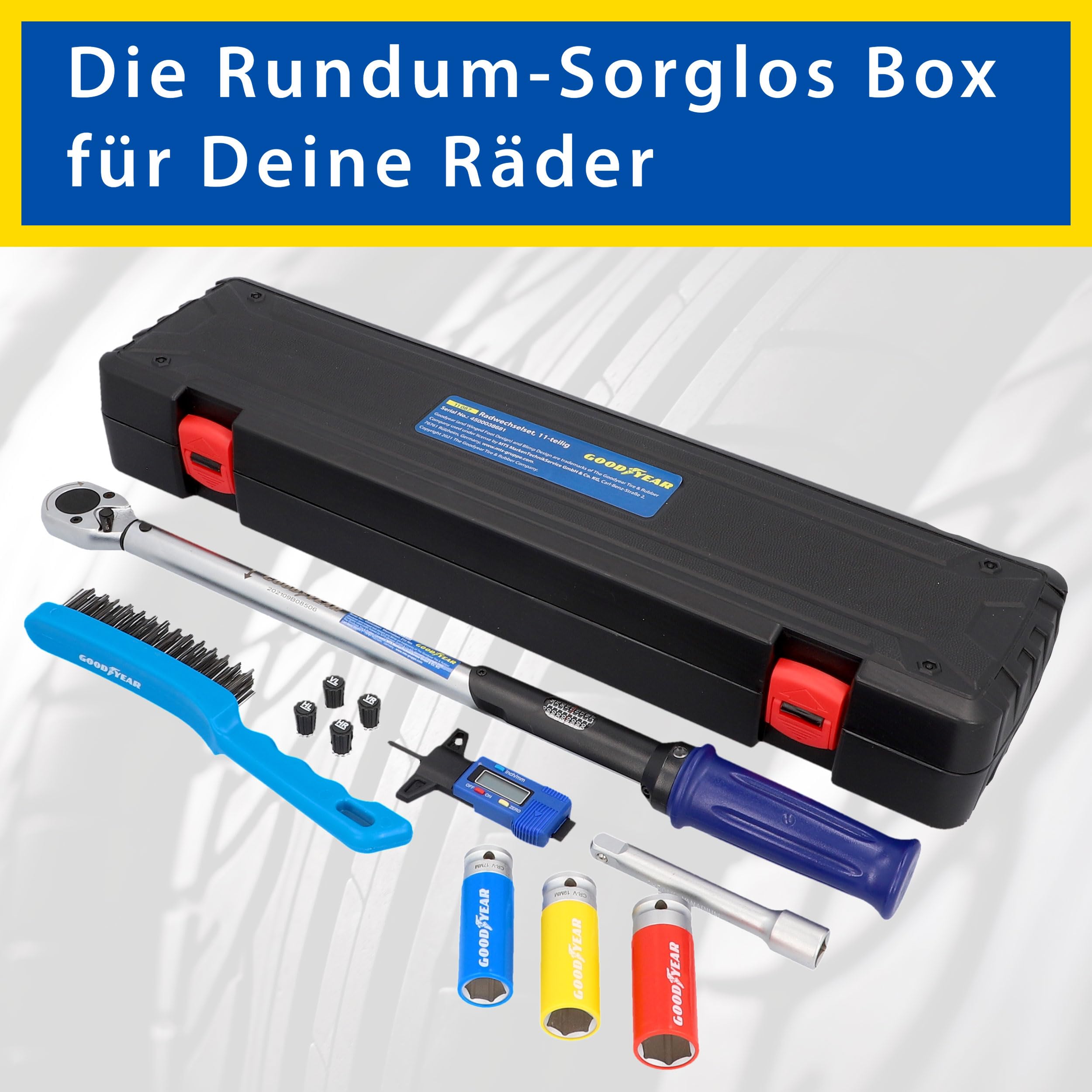 Goodyear Juego de cambio de ruedas, 11 piezas, llave dinamométrica + juego de 3 llaves de vaso + extensión + varios accesorios, caja negra