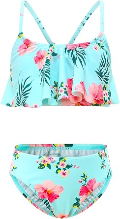 Girls Two Piece Bikini Swimsuits Hawaiian Floral Bathing Suit for Kids Summer Beach Swimwear Set 3-16 Years