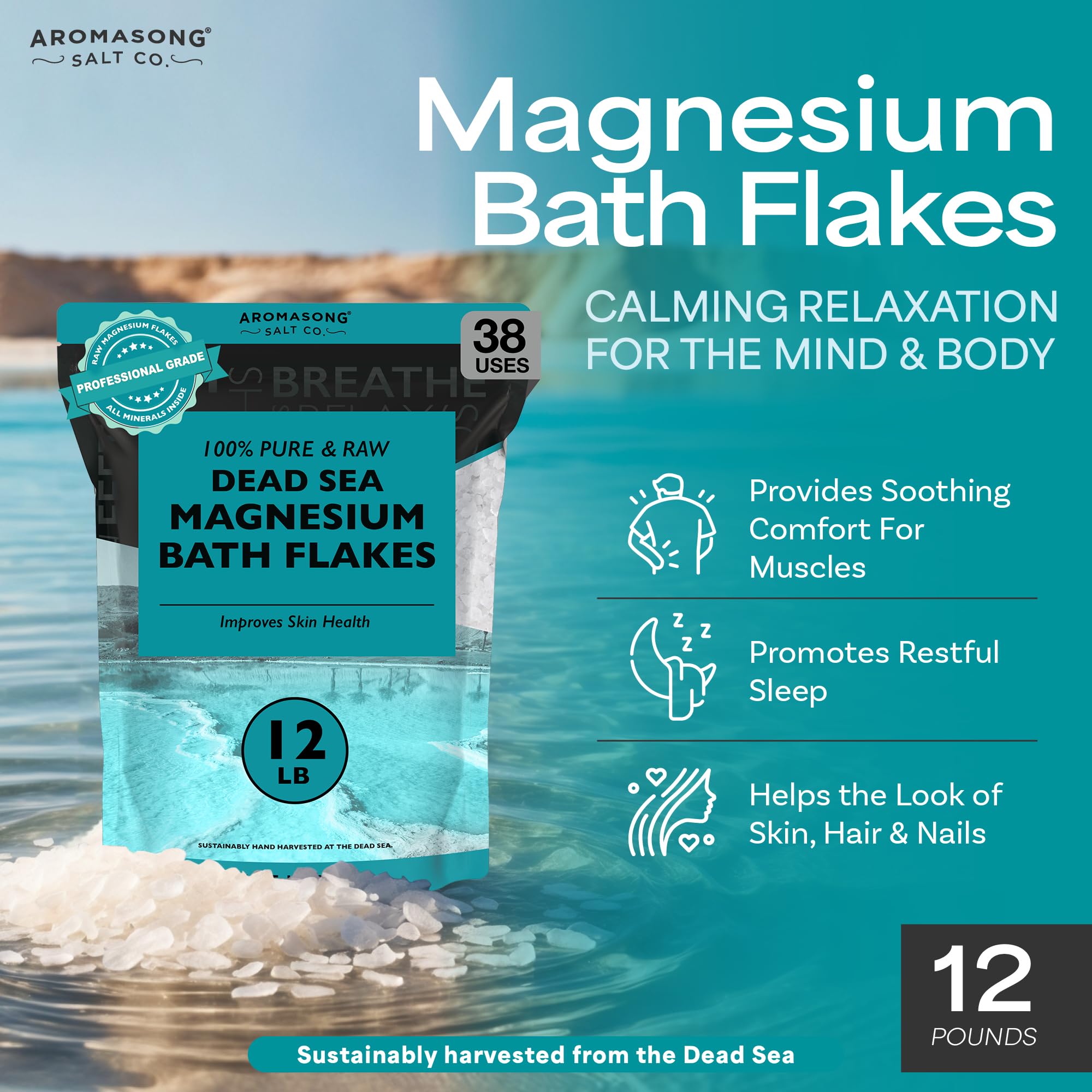 Aromasong Raw Magnesium Flakes from The Dead Sea, 12 LB - Muscle Relaxing Magnesium Chloride Bath Salts Soak for Headaches, Stress & Leg Discomfort