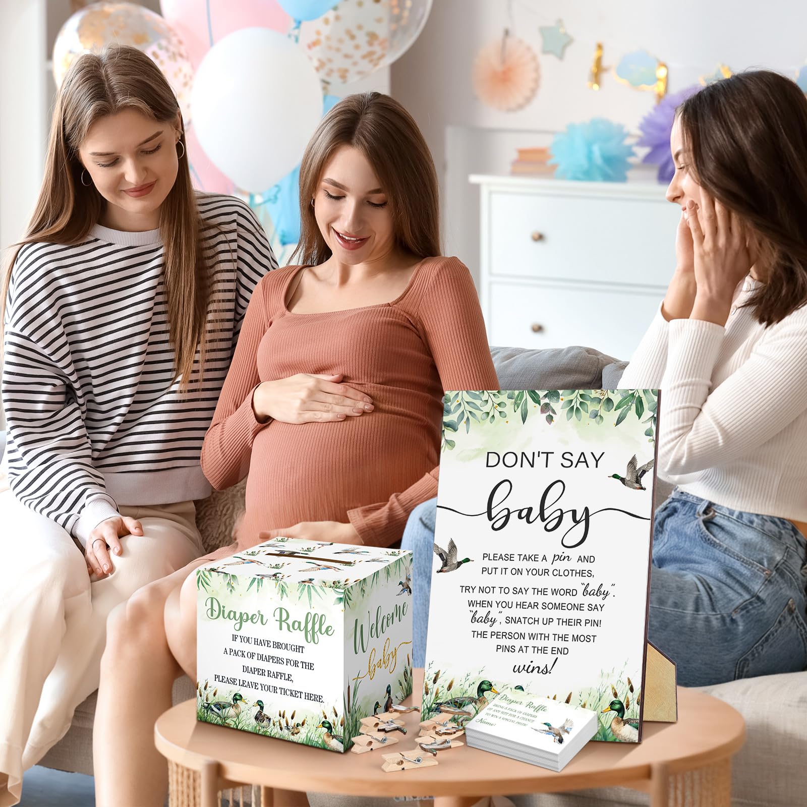Dispowreath Stockente für Babypartys, Spielzubehör, Windeln, Tombola-Tickets mit Windel, Tombola-Karte, Box "Don't Say Baby", Mini-Stockente, Wäscheklammer, Spieldekoration, für Geschlechtsoffenbarung
