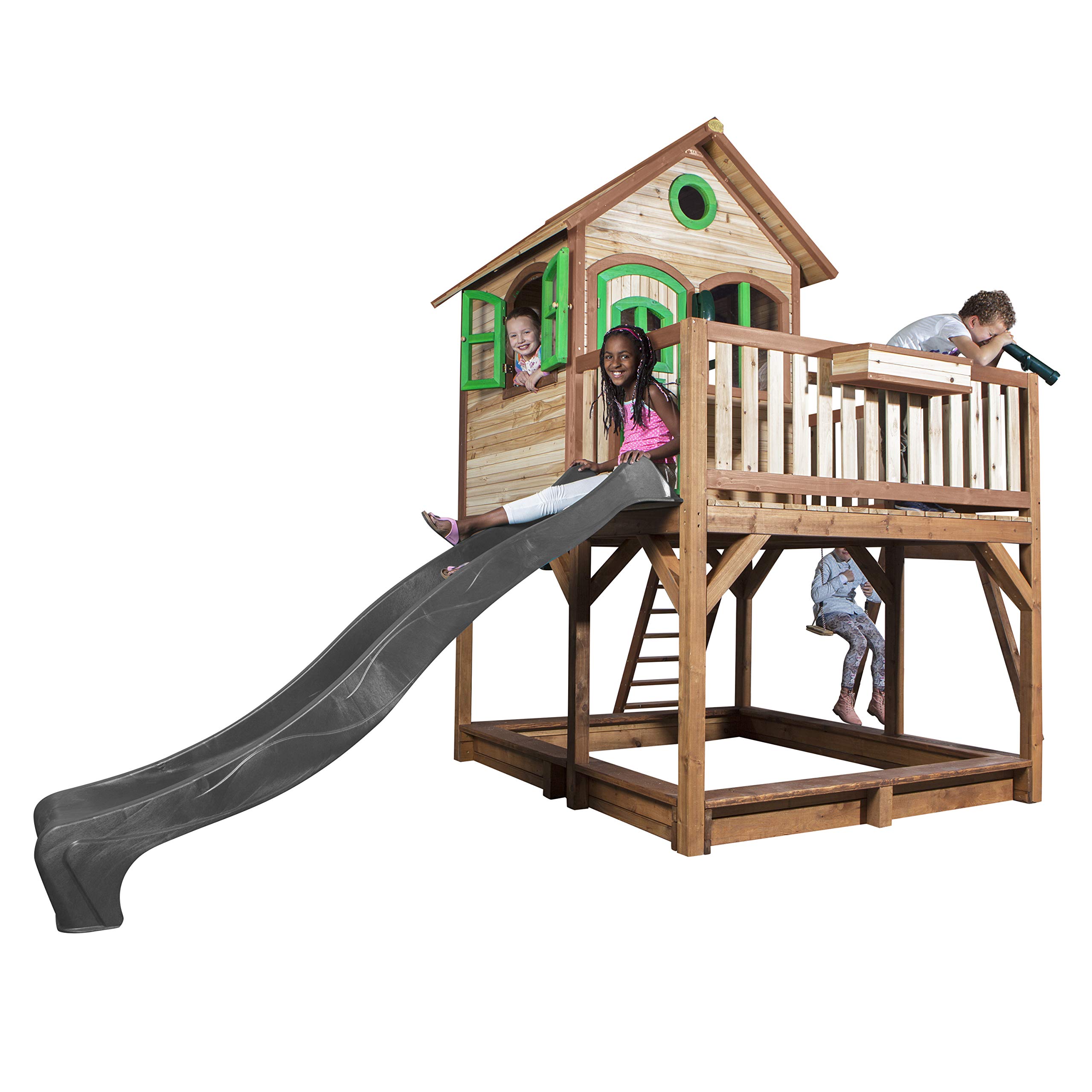 AXI Spielhaus Liam mit Sandkasten, Doppelschaukel & Grauer Rutsche | Stelzenhaus XXL in Braun & Grün aus FSC Holz für Kinder | Spielturm mit Wellenrutsche für den Garten