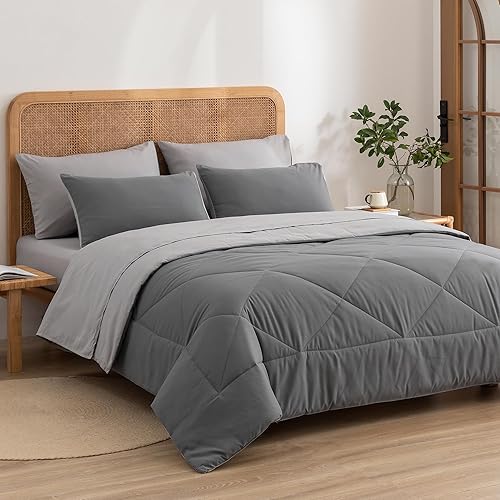 Miniatura 7 de SeaRoomy Juego de cama King en una bolsa, juego de edredón reversible de 7 piezas ultra suave con edredones, sábanas, fundas de almohada y fundas de