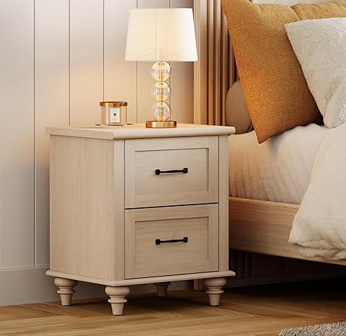 Miniatura 14 de WAMPAT Mesita de noche blanca para dormitorio con estación de carga, mesa auxiliar de mediados de siglo con 2 cajones, mesita de noche de madera
