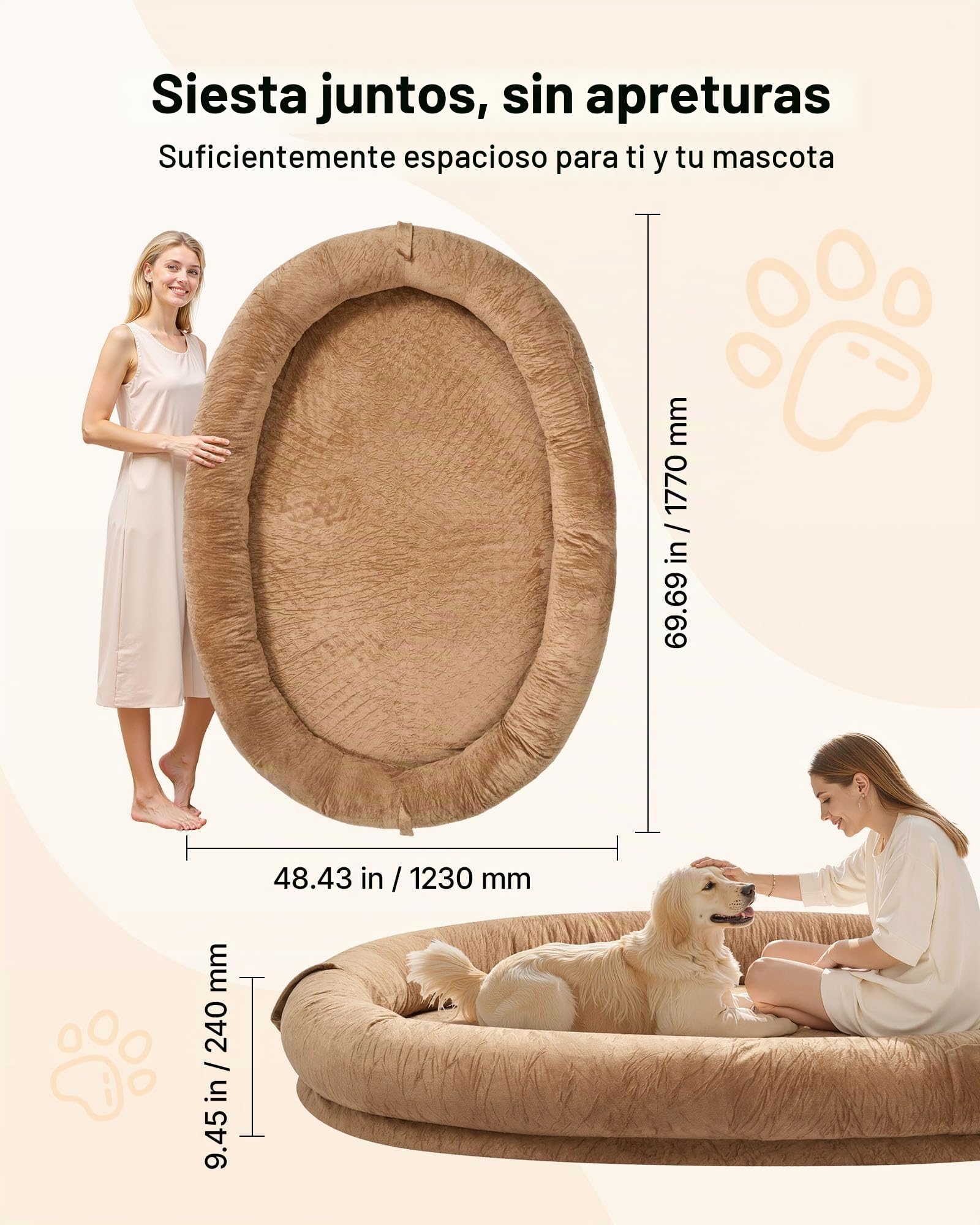 VEVOR Cama para Perros de Diseño Ovalado, Tamaño Humano, 177 x 123 x 24 cm, Ortopédica, de Espuma Viscoelástica, con Bolsillo Lateral, Asa y Cremallera, Funda Extraíble y Lavable a Máquina, Marrón