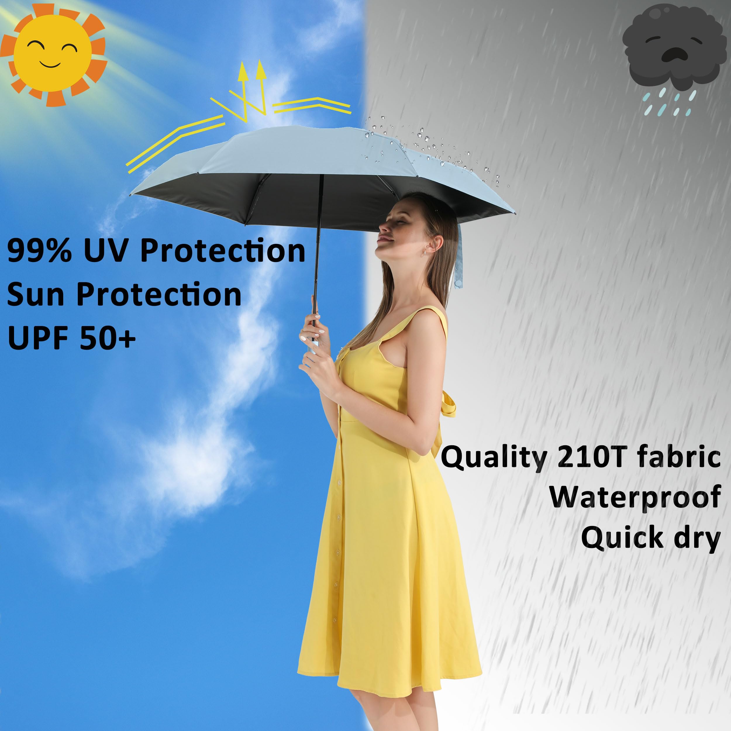 BAODINI Mały parasol podróżny chroniący przed promieniowaniem UV, kompaktowy, na deszcz i słońce, UPF 50+, wiatroszczelny, przenośny, 106 cm, dla kobiet i mężczyzn