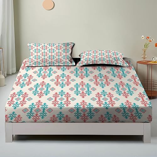 Juego de sábanas bajeras de 3 piezas con temática retro, patrón de triángulo retro, estampado decorativo, bolsillo profundo, calidez acogedora para