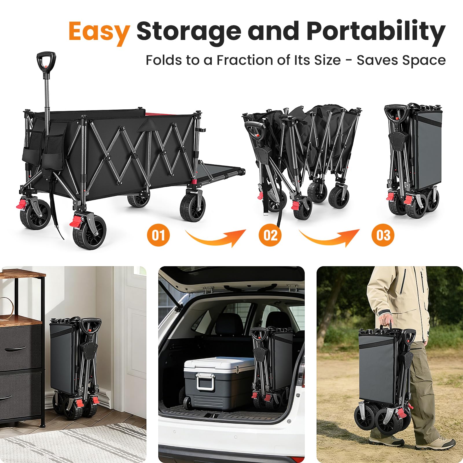 YEAUPE PRO Faltbarer Bollerwagen mit Feststellbremse – All-Terrain-Großräder, öffnendes Heck für Lange Gegenstände und Spanngurtnetz für Camping, Strand, Garten, Schwarz, 150-240L
