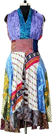 Indian Vintage Silk Sari Patchwork Backless Boho Beach Maxi Dress Multi