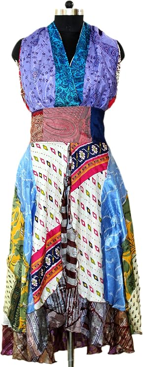 Indian Vintage Silk Sari Patchwork Backless Boho Beach Maxi Dress Multi