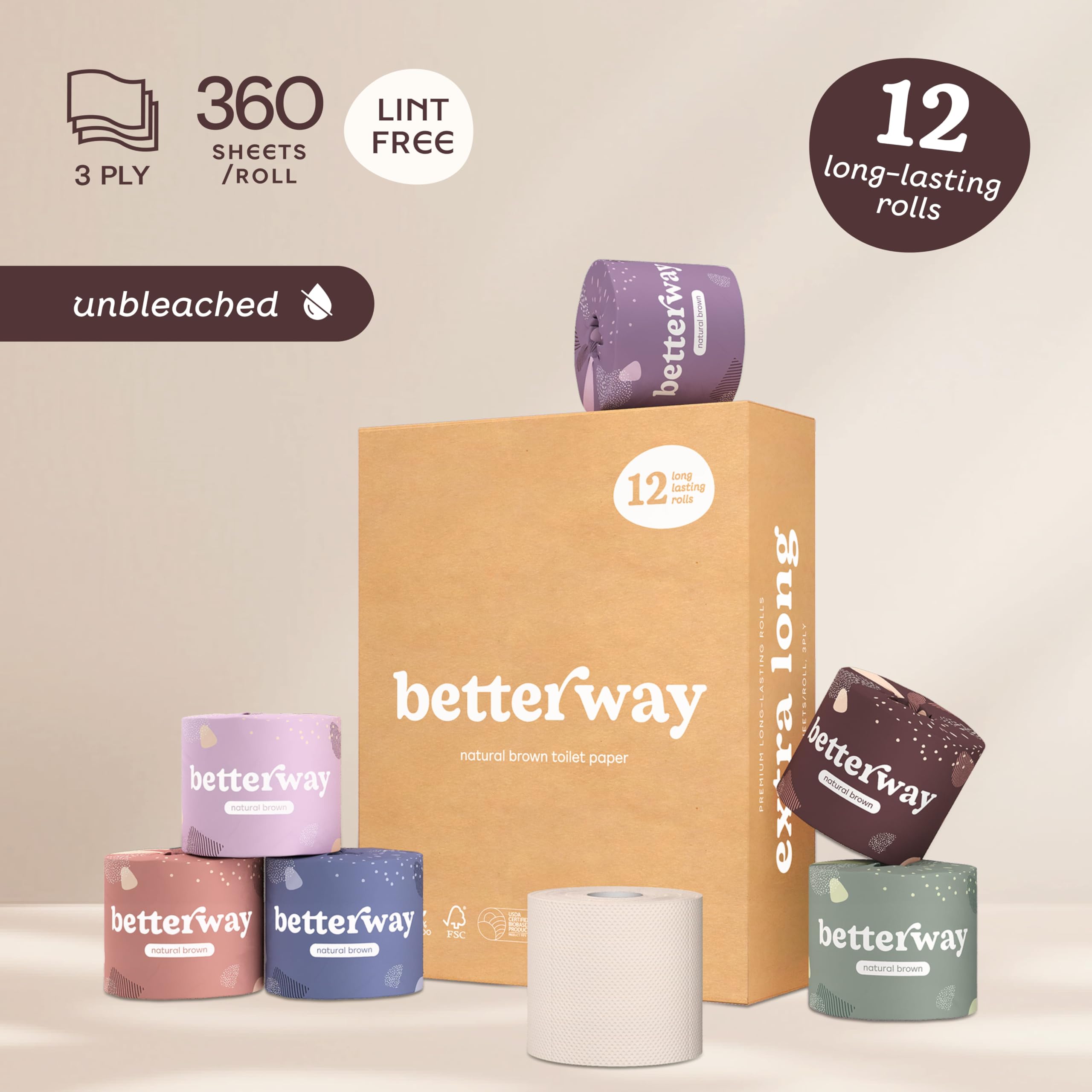 Betterway Rollos de papel higiénico de bambú sin blanquear, papel higiénico ecológico de 3 capas, 12 rollos de larga duración, 360 hojas/rollo, orgánico, certificado FSC, TP seguro séptico, sin