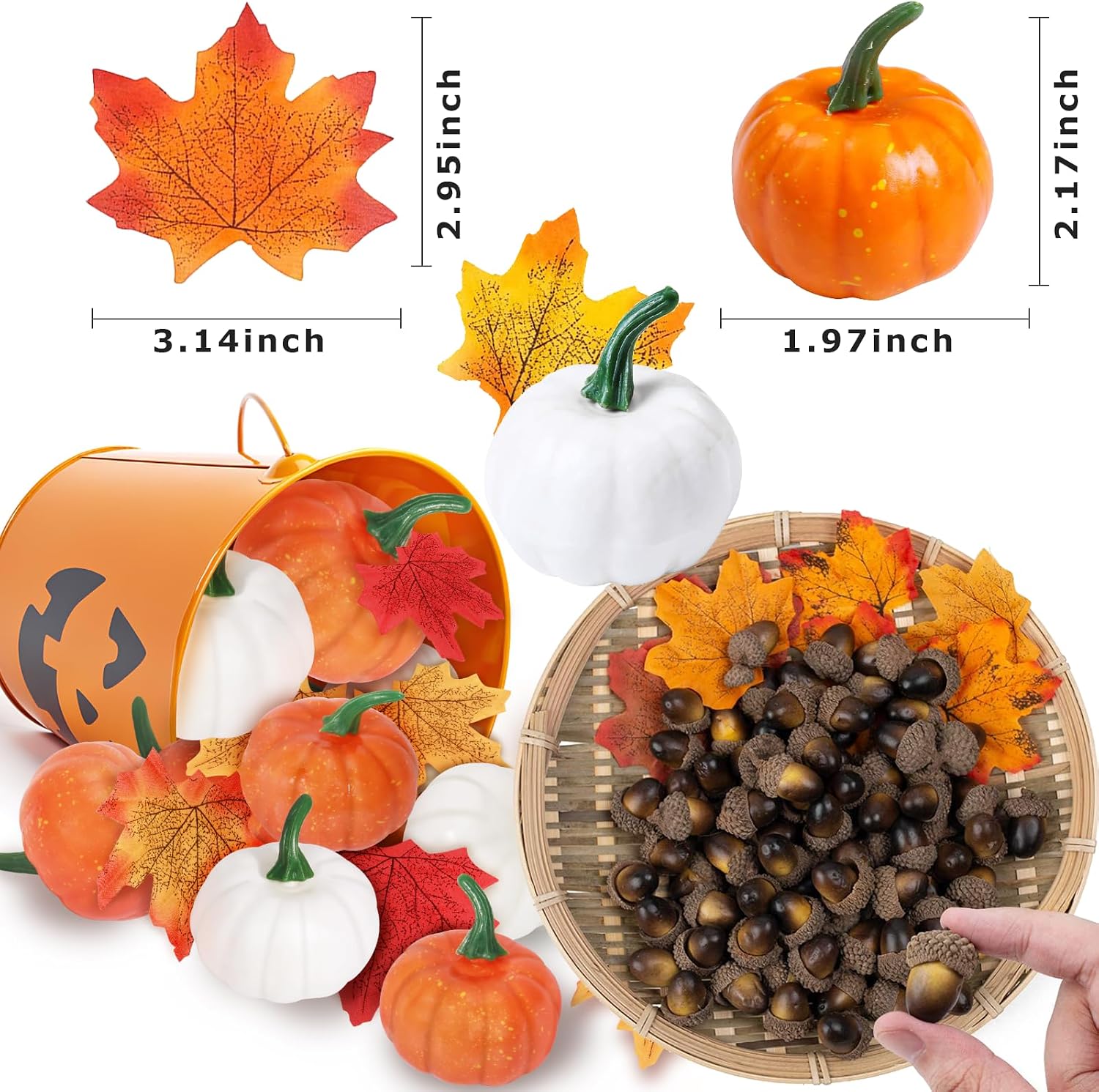 184Pcs Artificial Pumpkins Artificial Acorns Natural Pinecones Ornament Artificial Maple Leaves Set Autumn Table Decorations for Home Fall Harvest Halloween Thanksgiving Day Winter Christmas Wedding