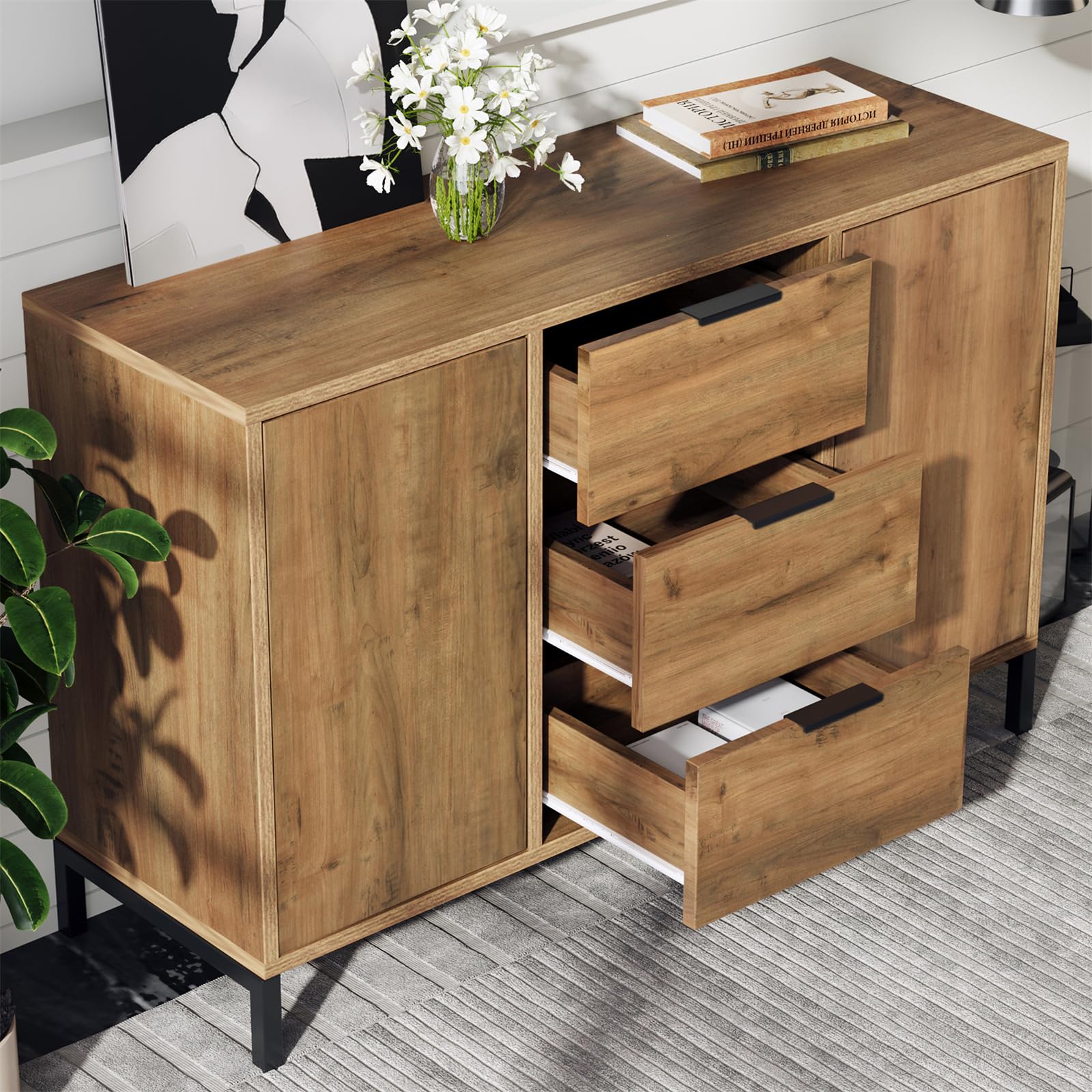 VOLORDSideboard Cabinet for Living Room, Chest of Drawers with with 2 Doors and 3 Drawers, Kitchen Accent Storage Cabinets with Adjustable Shelf, Dark Oak, 40D x 120W x 76H cm