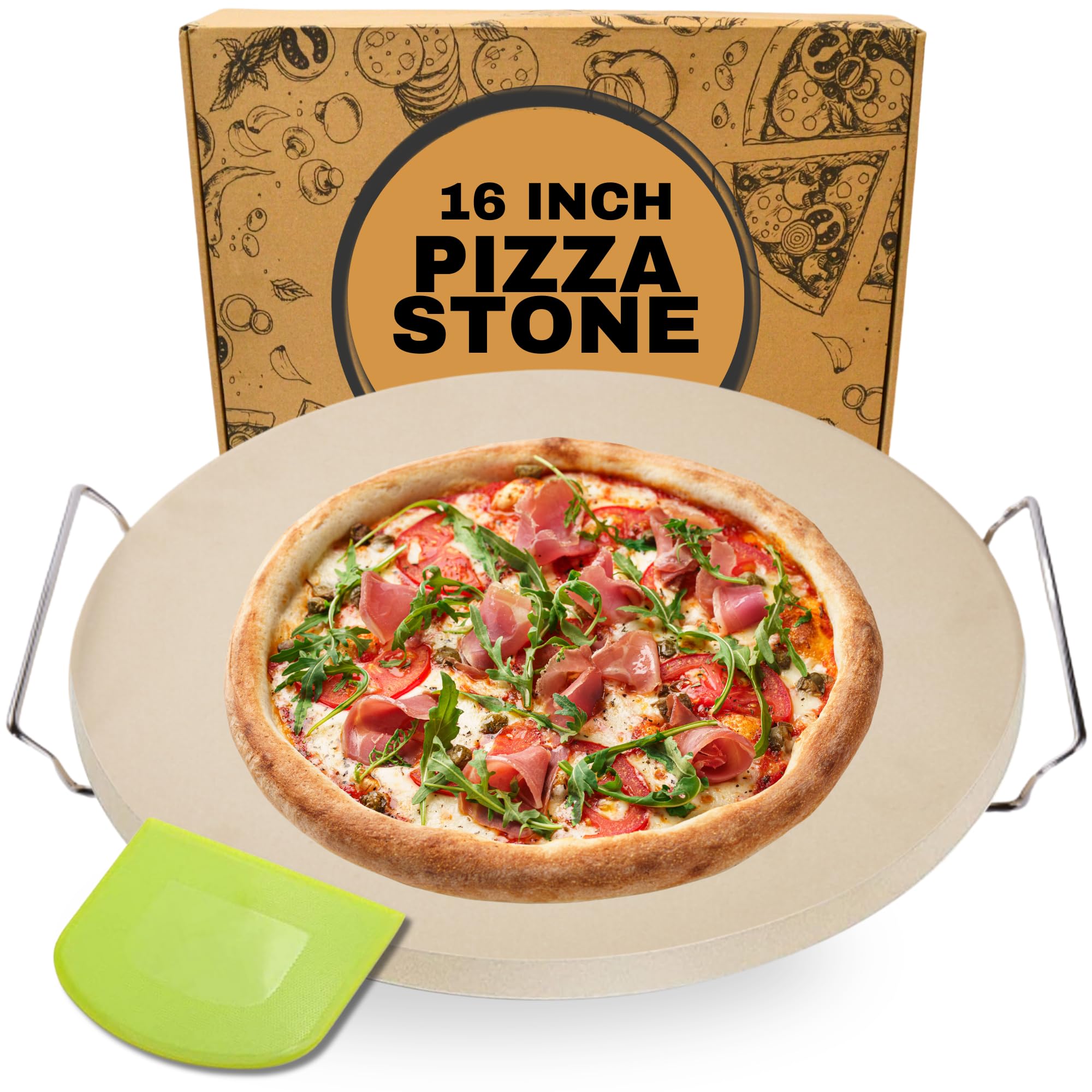 16 inch Round Pizza Stone for Oven - Large Pizza Stone for Grill with Handles and Dough Tool - Round Baking Stone for Bread - Pizza Making Accessories - Cooking Gifts for Food Lovers