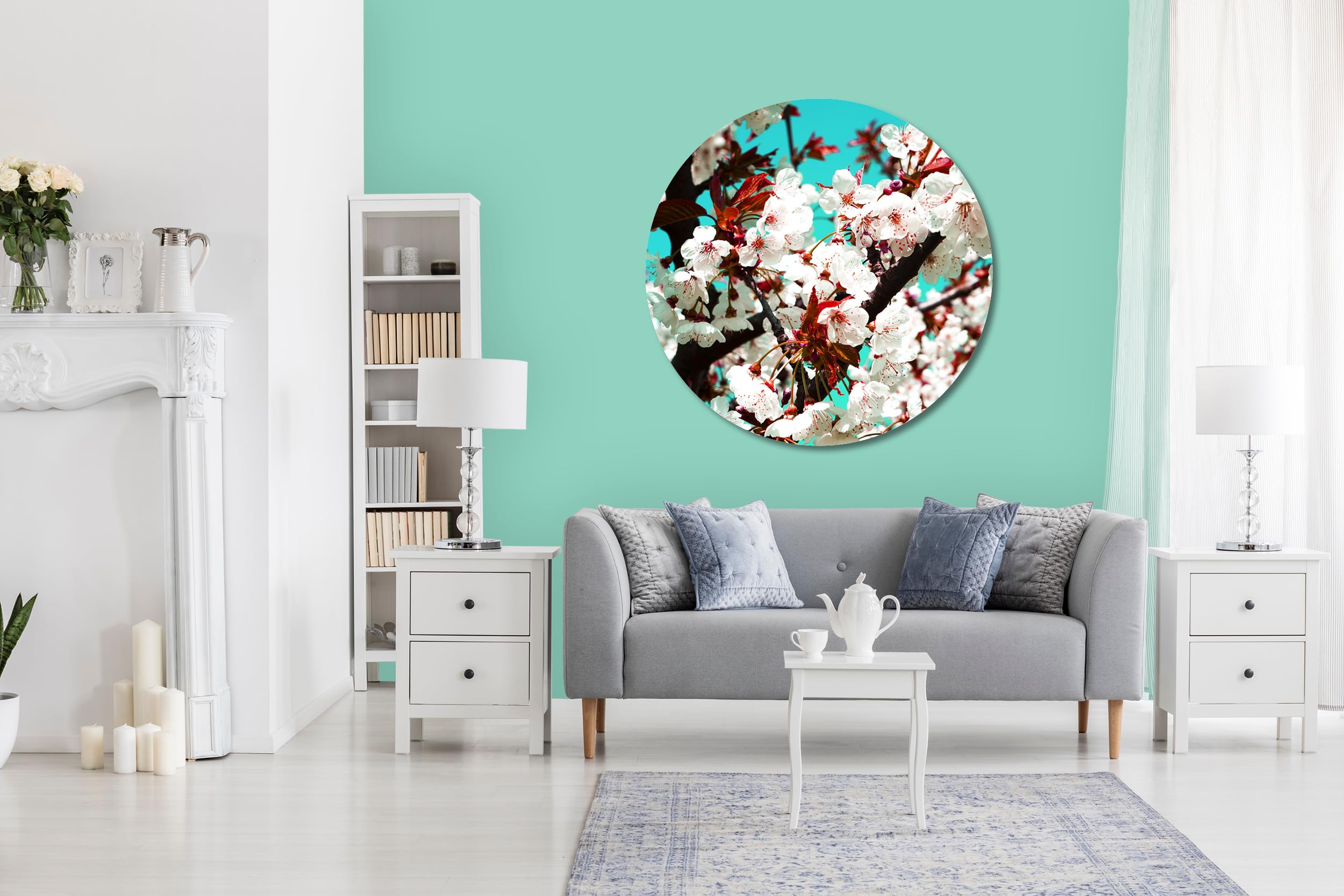 Glücksvilla - Fiori di ciliegio 2 (vetro acrilico 5 mm, Ø 80 cm) | varie misure - quadro murale rotondo - giardino fiori fioritura pianta natura botanica albero ramo mela