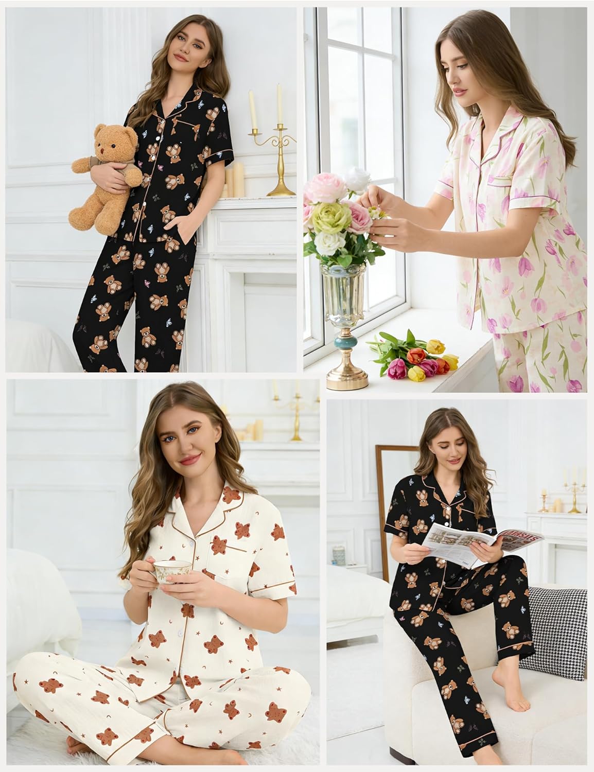 SWOMOG Women's 2 Piece Pajama Sets Shorts Sleeve Pajamas Cute Pj Set Lounge Matching Pjs Button Shirt with Long Pants - Image 7