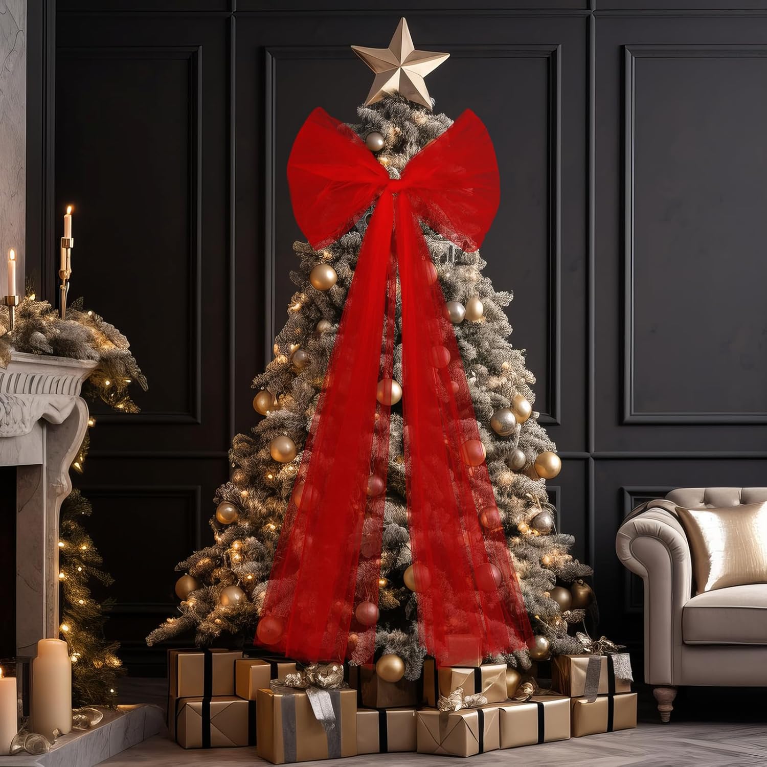 Soulchen 49 Inches Christmas Tree Topper Bow Large Fluffy Tulle Christmas Bow for Car Giant Wreath Wall Decor with Long Streamers for Xmas Home Wedding Car Holiday Decor Supplies(Red)