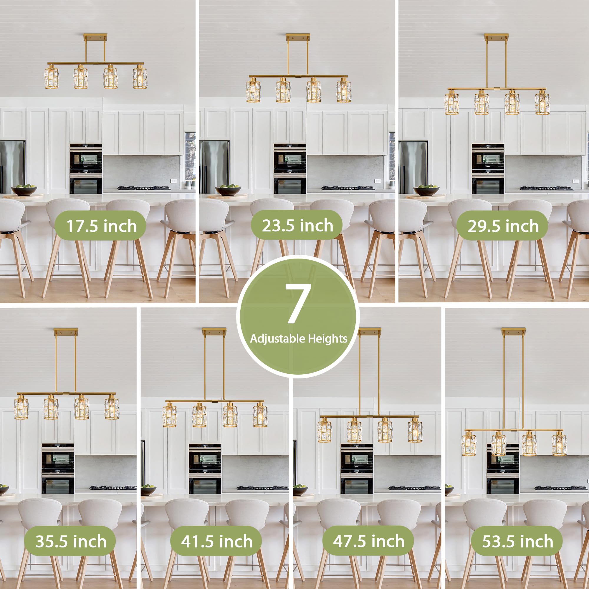 MEXO Crystal Pendant Light Fixture for Kitchen Island Dining Room, Farmhouse Chandelier Gold Close to Ceiling Lightings Over Table, 10068-GD