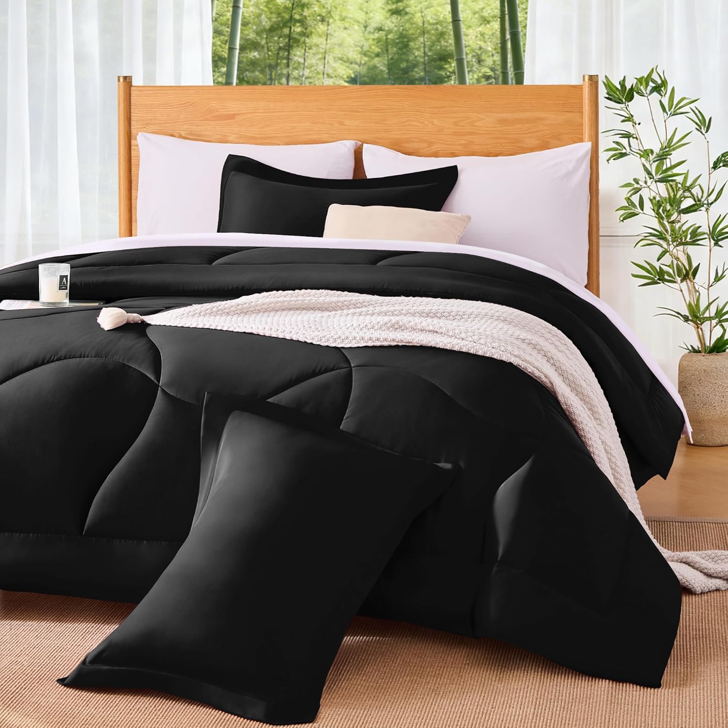 MR&HM Queen Comforter Set, All-Season Silky Smooth & Fluffy Bed Set, 3 Pieces Wave Stitched Comforter, Rayon Derived from Bamboo Blend, Breathable & Moisture Wicking, Down Alternative, Black