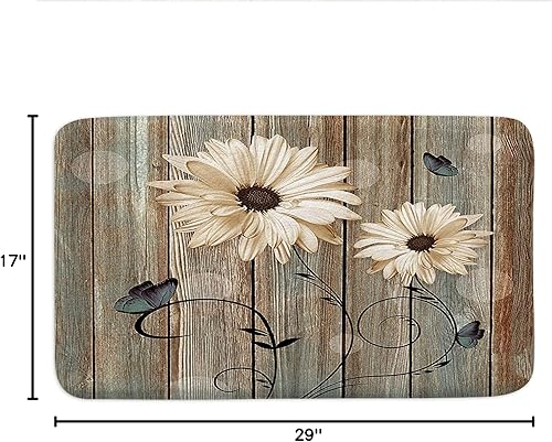 Miniatura 2 de Alfombra de baño rústica blanca floral, flores y mariposas en tabla de madera vieja, antideslizante, juego de alfombras de baño vintage con