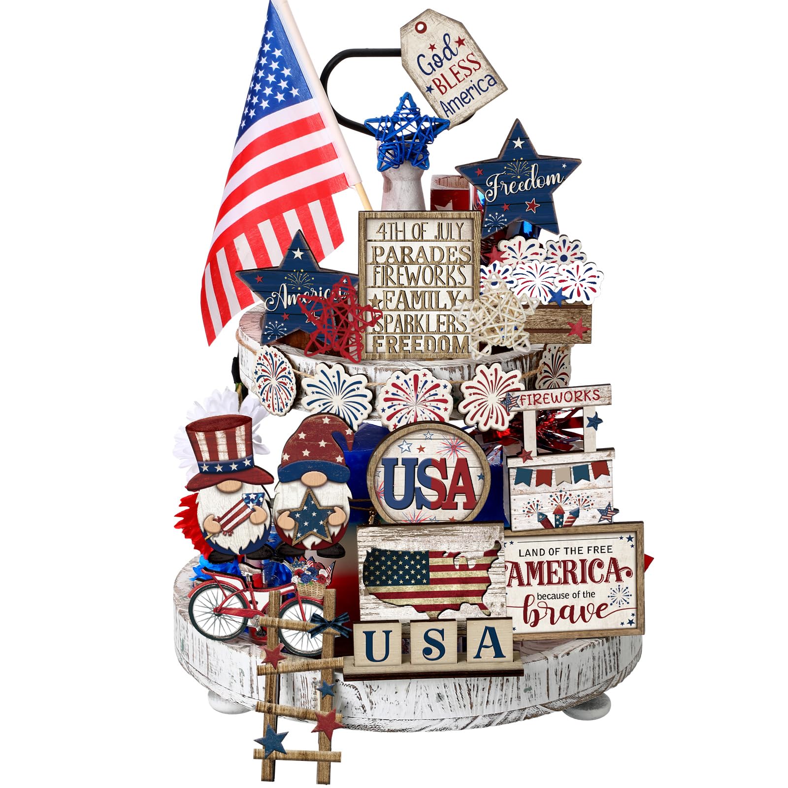 Seeloowy 20 Pcs 4th of July Patriotic Tiered Tray Decor Red White and Blue USA Flag Wood Signs Rustic Memorial Day Wooden Tiered Tray Decoration for