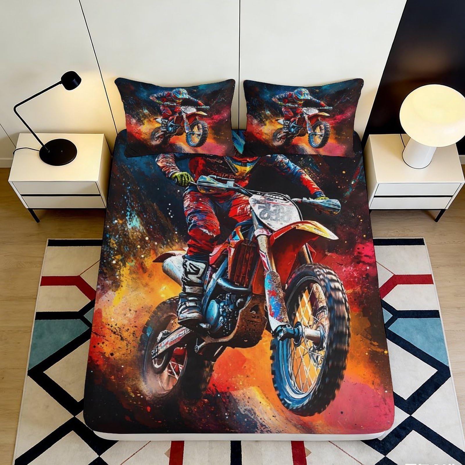 3D Printed Motocross Rider Fitted Sheet Microfiber Soft Breathable Dirt Bike Mattress Cover for Bedroom Decor 90x200x25cm