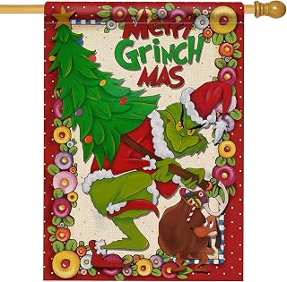 Hzppyz Merry Grinchmas Christmas House Flag Double Sided, Xmas Tree Grinch Max Decorative Garden Yard Lawn Donuts Outdoor Large Flag, Winter Holiday Burlap Decor Seasonal Home Outside Decoration 28x40