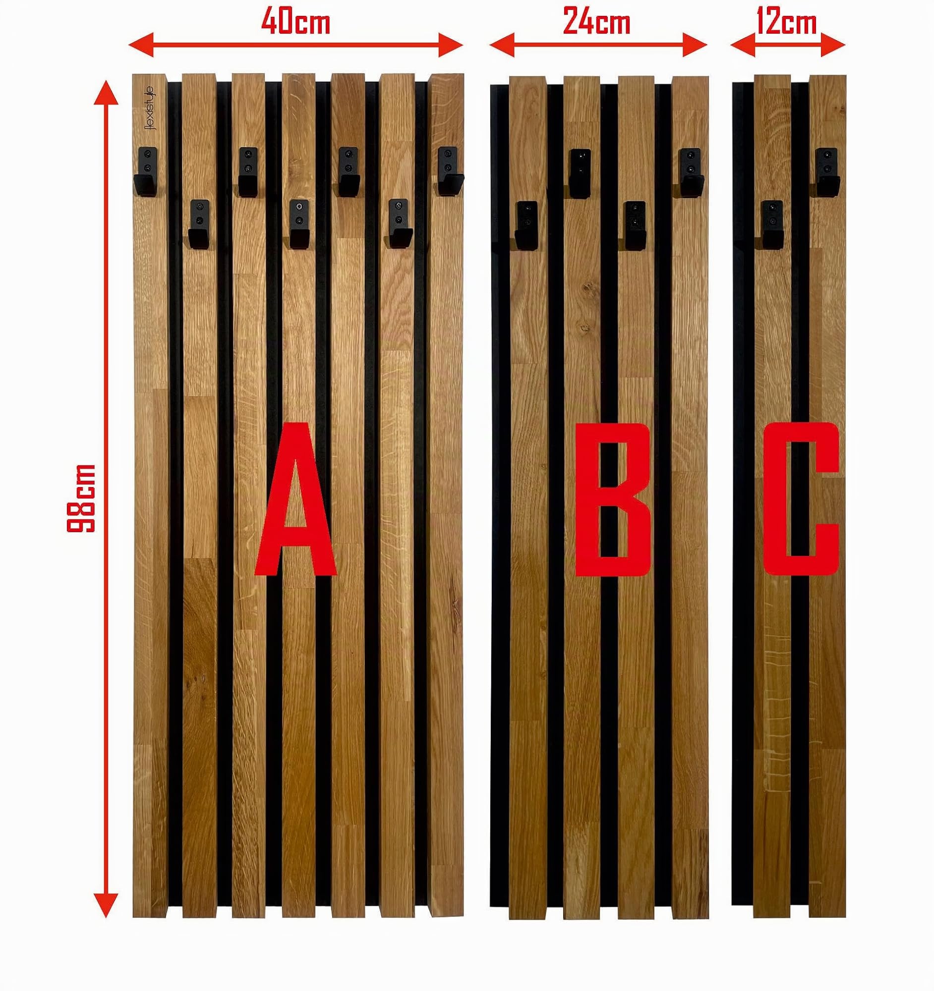 FLEXISTYLE Perchero de pared de madera de roble, con listones de roble negro, altura modular, 98 cm (módulo principal A 40 cm)