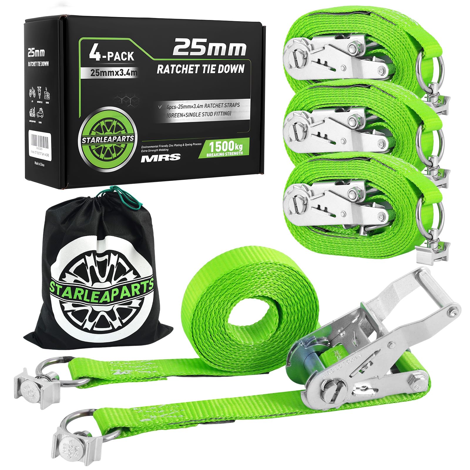StarLeaparts 4 Stück Spanngurt für Airlineschiene Zurrschiene, 3,4m X 25mm Zurrgurt mit Ratsche, 1500KG, Ratschenzurrgurt Spanngurte mit Endbeschlag, DIN EN 12195-2, Einzelbolzenbefestigung, Grün