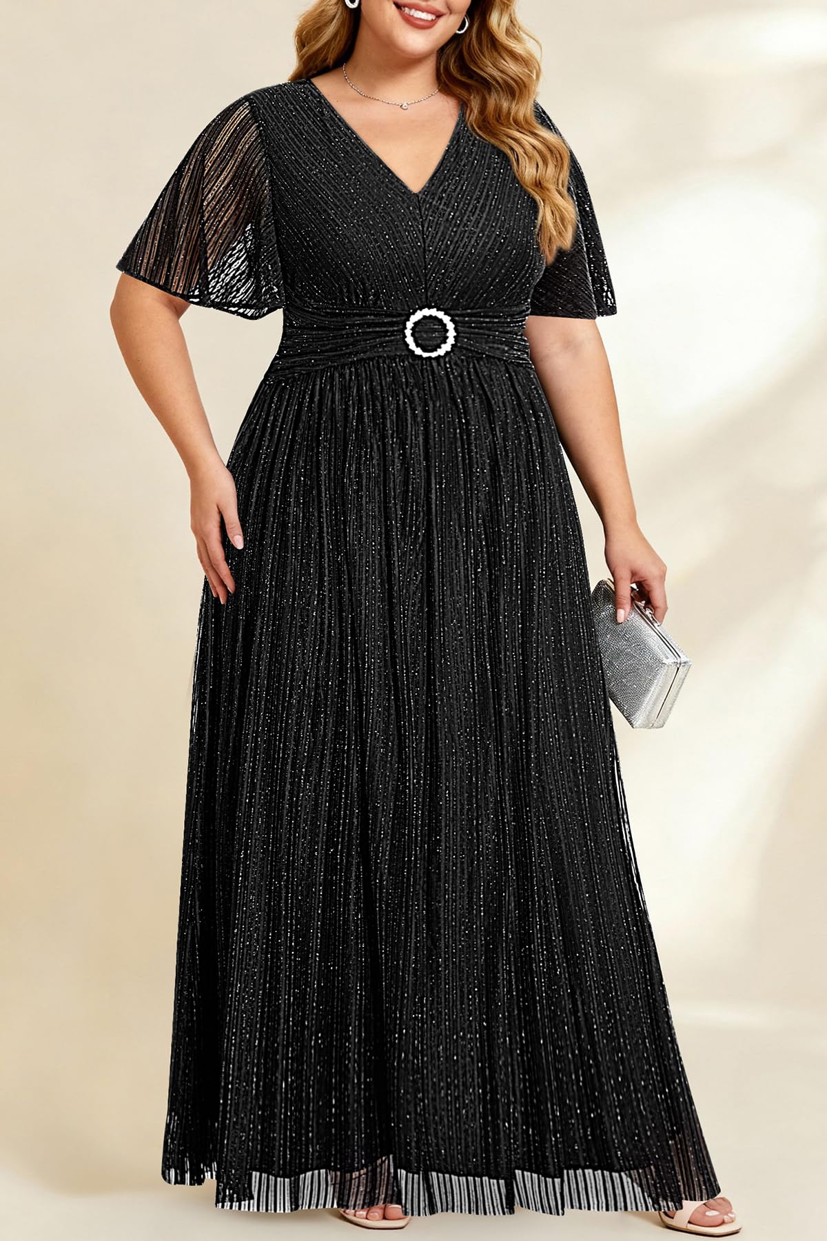 Talisea Plus Size Formal Dresses - Wedding Guest Evening Gown Sparkly Sequin Prom Gala Ball Maxi Dress with Short Sleeves