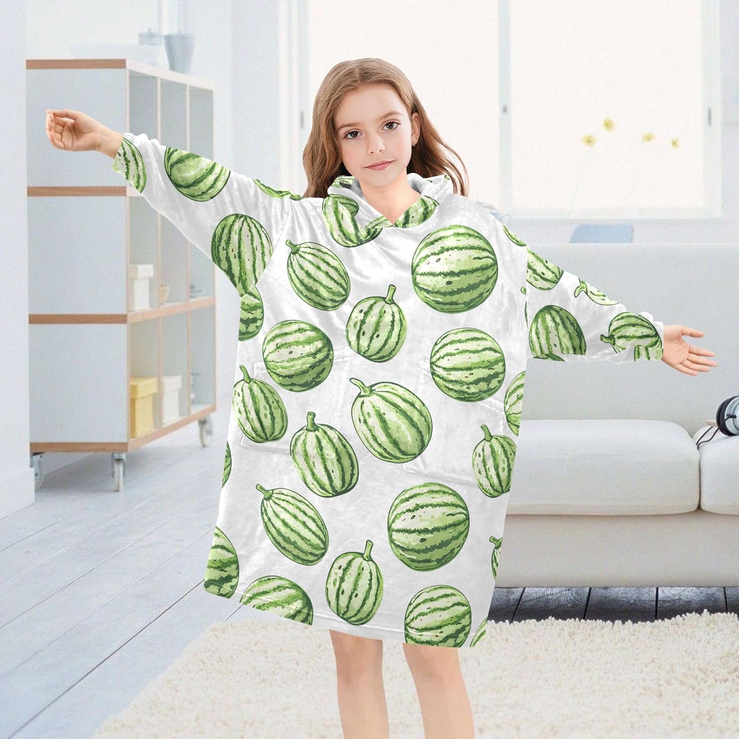 Watermelon Fruit Kids Wearable Blanket Hoodie with Pocket and Sleeves for Toddlers, Cute Hoodies 3-14 Year Girls Boys