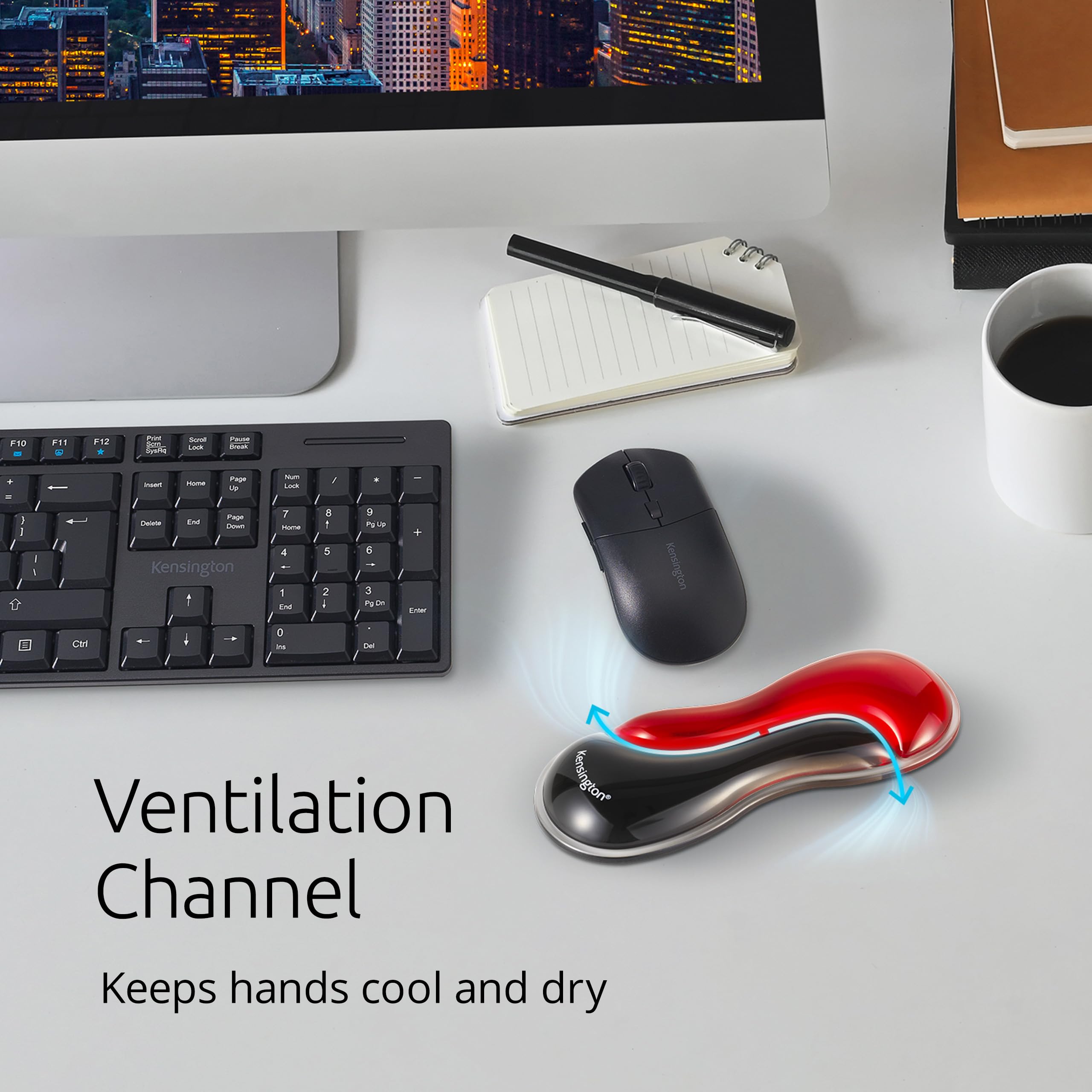 Kensington K62440WW - Reposamuñecas Slim Duo Gel para Ratón y Trackball, 192 x 72 x 22 mm, Alfombrilla Ergonómica, Evita Sobrecargas y Molestias, Compatible con Ratones y Trackballs, Negro/Rojo