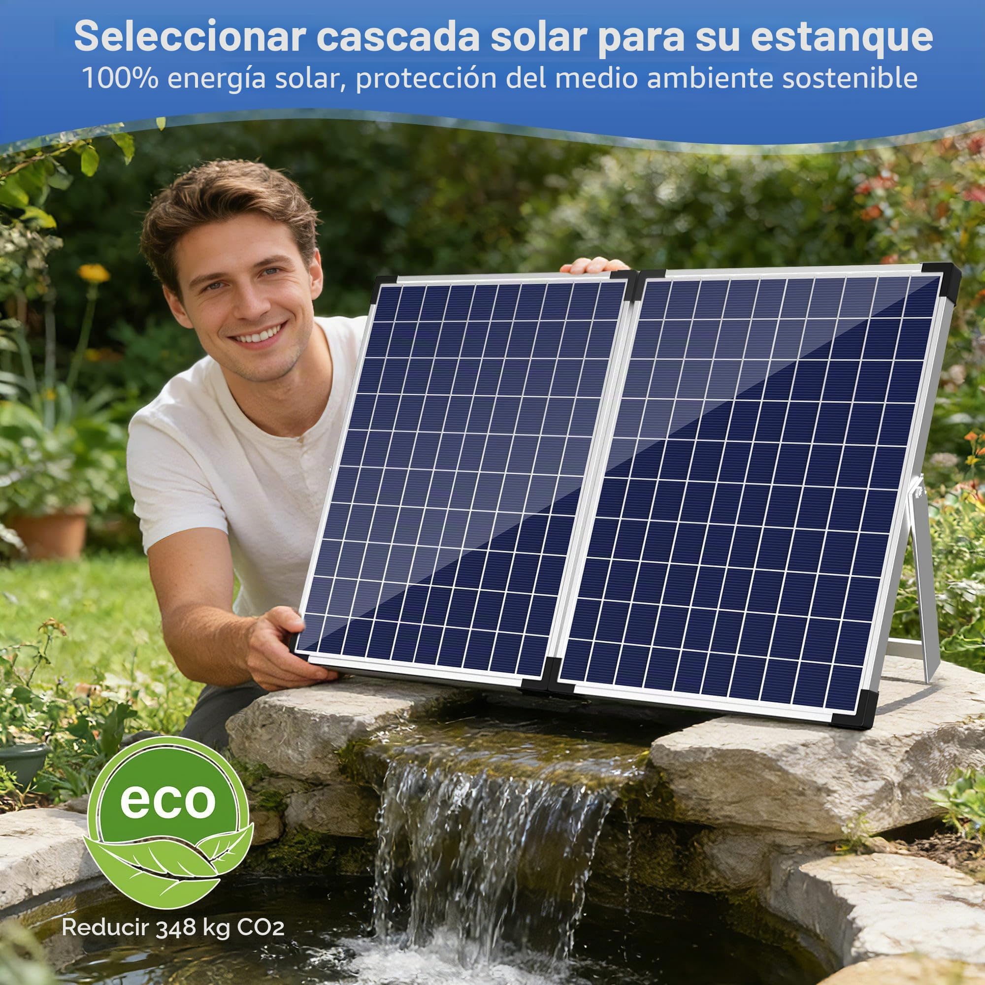 Biling 50W Solar Cascada de Agua de Acero Inoxidable Set Completo con Bomba y Filtro 40W 2100L/H 20 cm Cascada de Agua para Estanque de Jardín, Estanque de Koi, Estanque de Natación, Decoración de