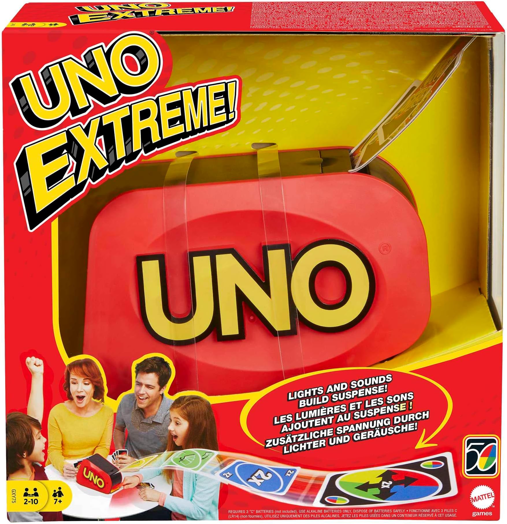 UNO Extreme Card Game Featuring Random-Action Launcher with Lights & Sounds & 112 Cards, Kid, Teen & Adult Game Night Gift Ages 7 Years & Older, GXY75
