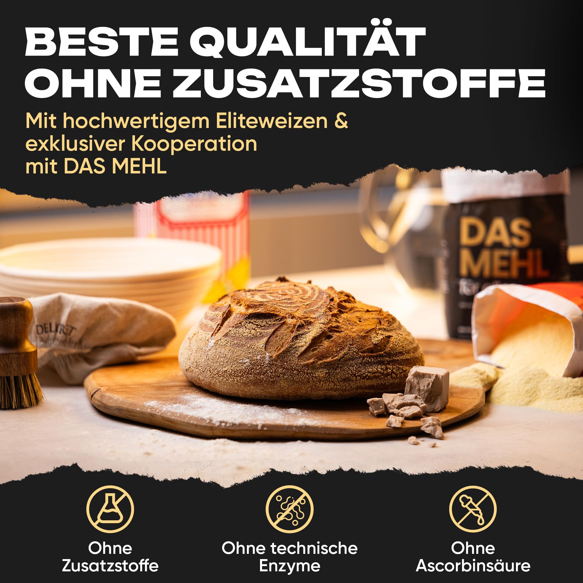Delicret Premium Brotback Set für Weizenbrot mit Zutaten & Gusseisentopf