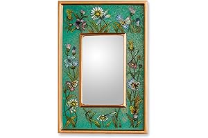 NOVICA Reverse Painted Stained Glass Mirror Adorned with Emerald Fields