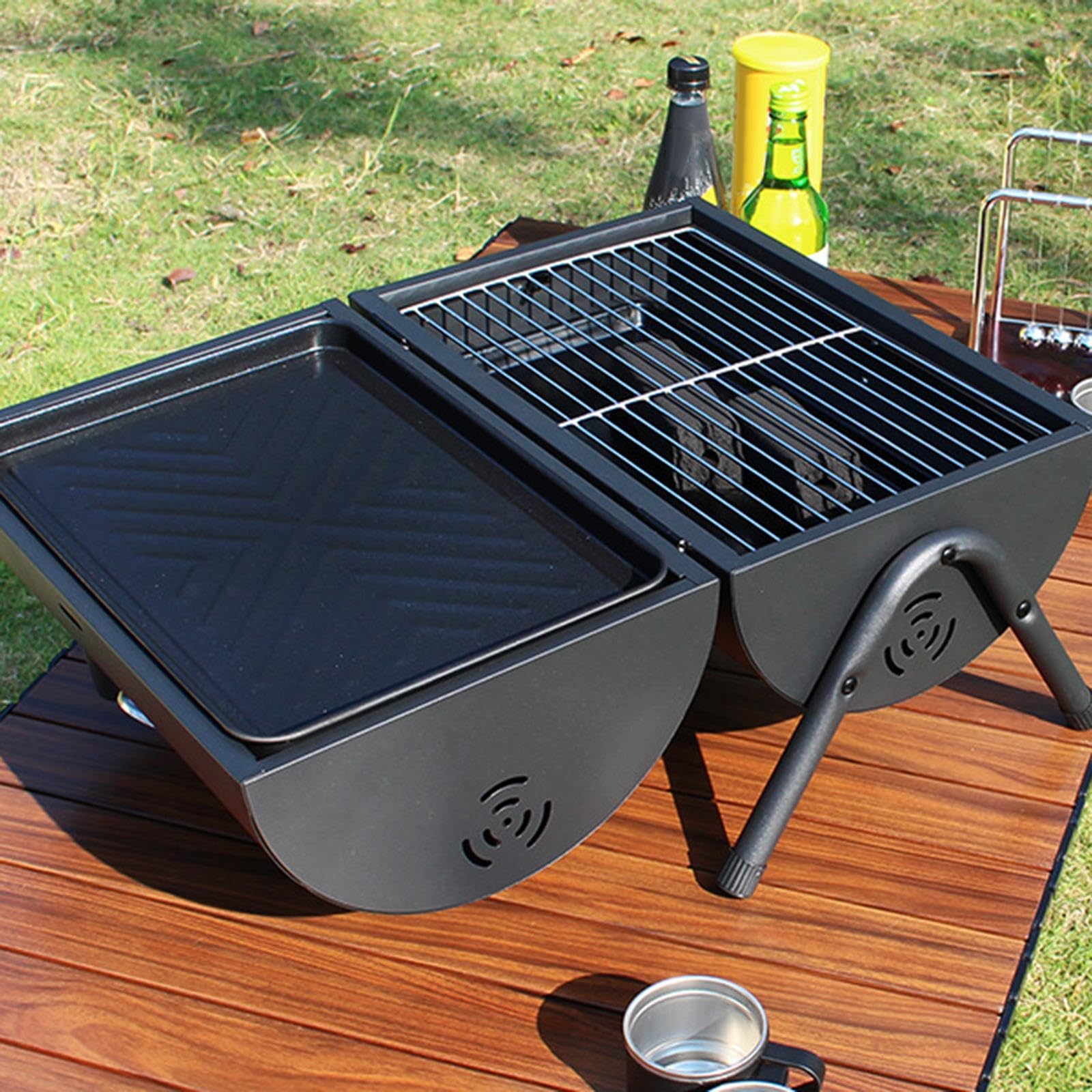 Grill Portátil de Carbón para Barbacoa Parrilla de Mesa Integrada Herramienta Multifuncional de Cocina Y Picnic Soporte Compacto con Red, Negro