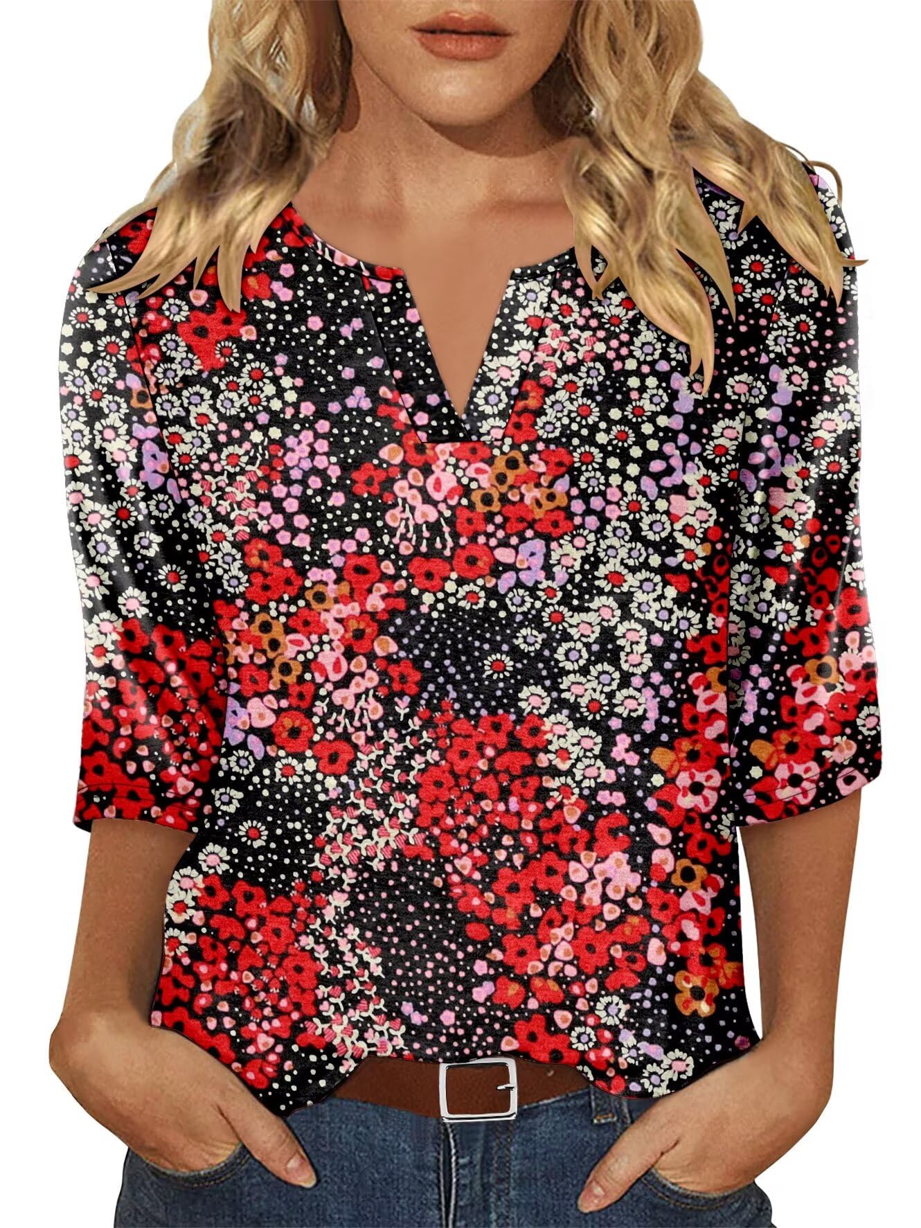 KISSMODA 3/4 Length Sleeve Shirts for Women Floral Business Shirts Tops Blouses Tops Loose Fit T-Shirts
