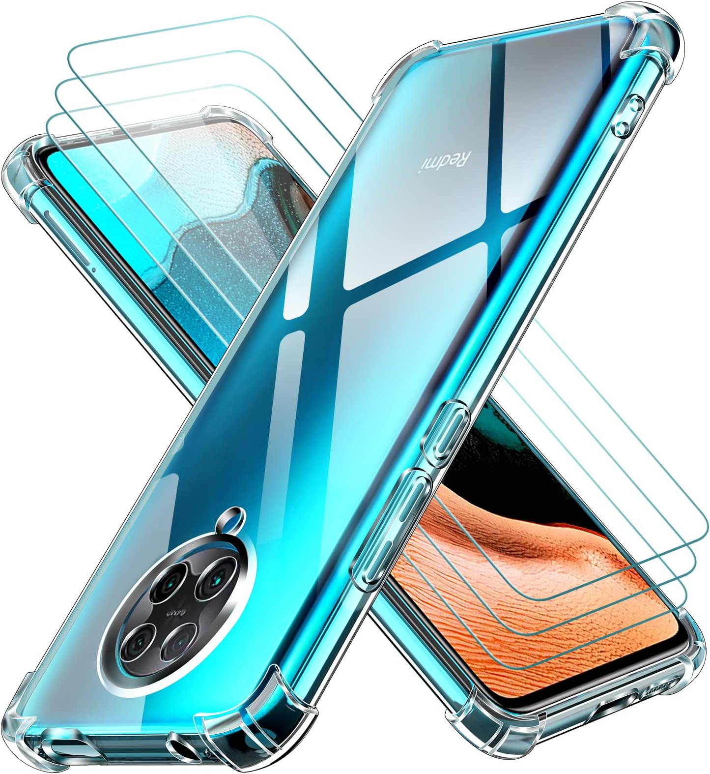 ivoler Case for Xiaomi Poco F2 Pro + 3 Pack Tempered Glass Screen Protector, Clear Slim Soft TPU Shockproof Anti-Scratch Cover Shock Absorption Phone Case with Reinforced Corner Bumpers