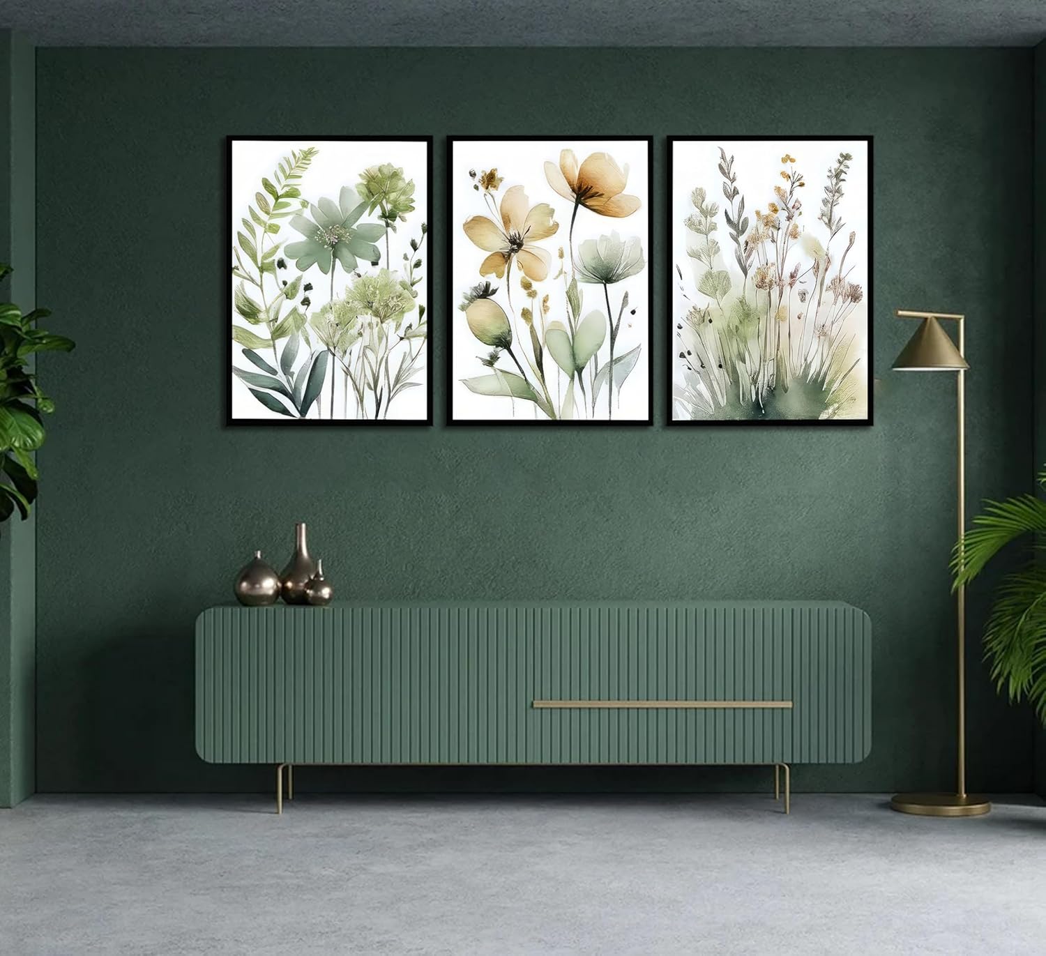3Pcs Sage Green Botanical Canvas Wall Art Minimalist Flower Boho Floral Painting Picture Wall Decor Posters Prints Artwork For Living Room Bedroom Office Kitchen Home Decoration Unframed