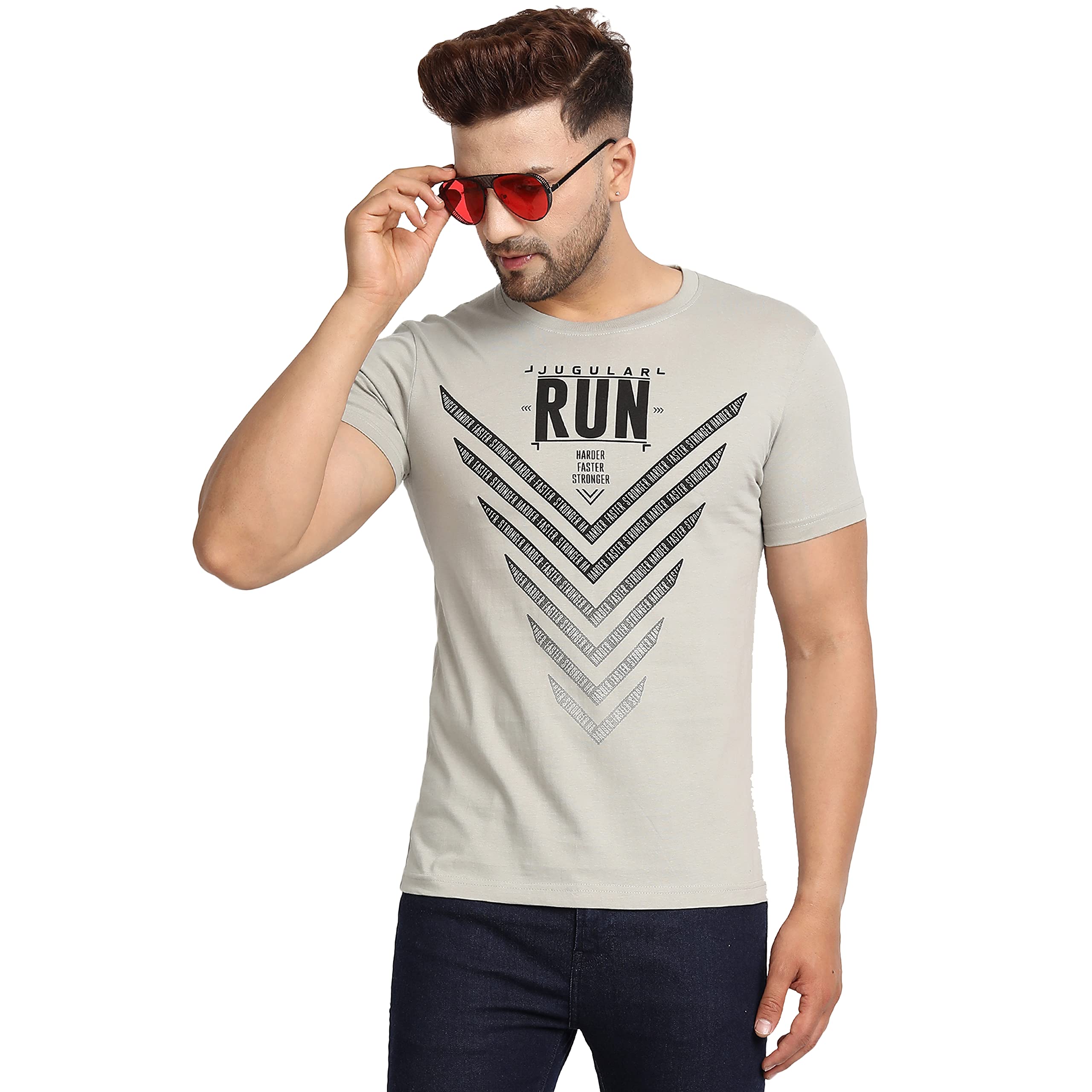 JUGULARMen's Cotton Round Neck Half Sleeve Run Way Printed T-Shirt