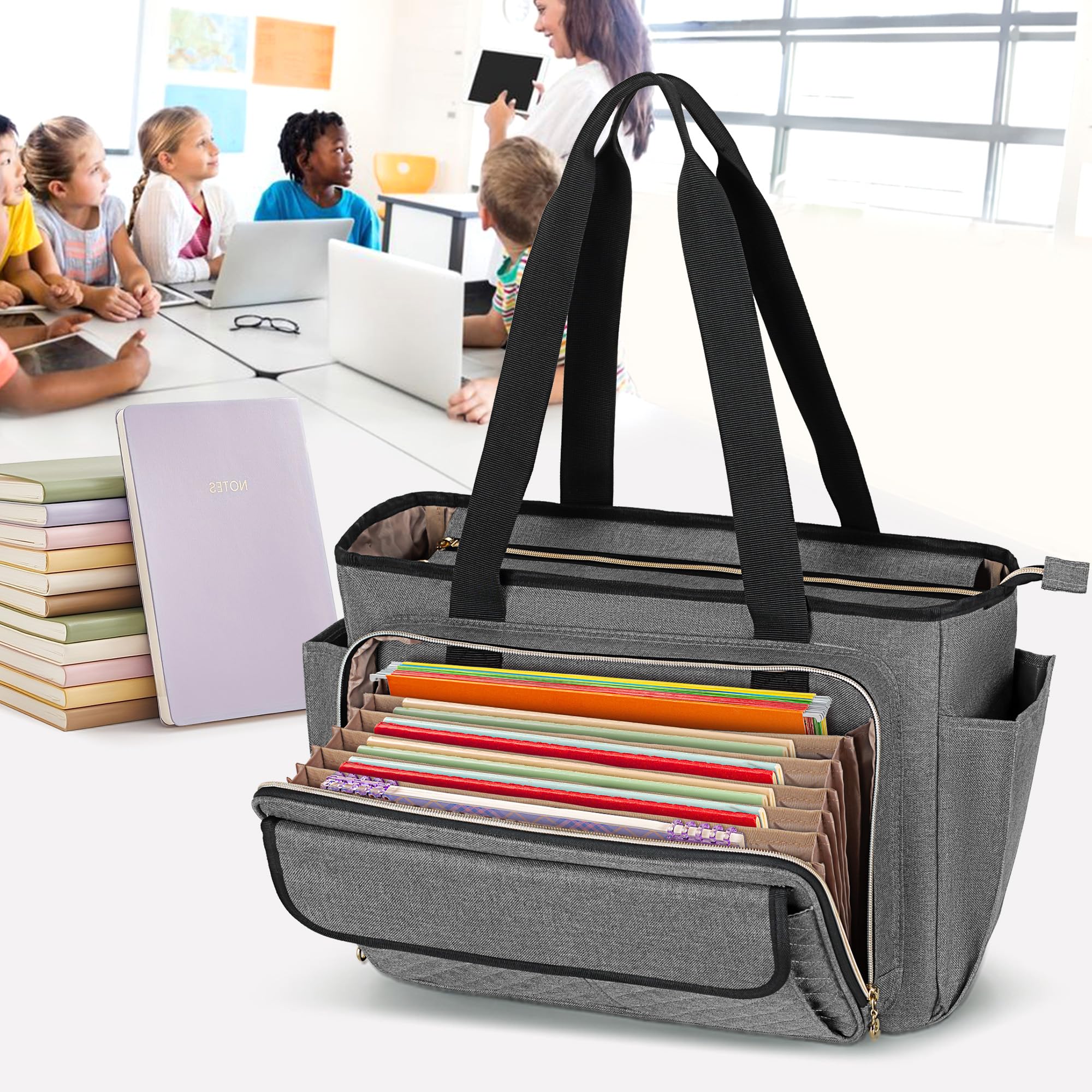 Luxja Lehrertasche mit Akkordeon-Aktenbereich und Laptophülle, Lehrer-Tragetasche für Damen (zum Patent angemeldet), Grau