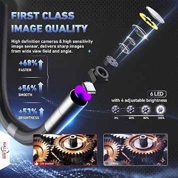 Ralcam 360° Articulating Borescope, Joystick 4 Ways Industrial Endoscope Camera with Light, Semi-Rigid Snake Inspection Camera for Engine