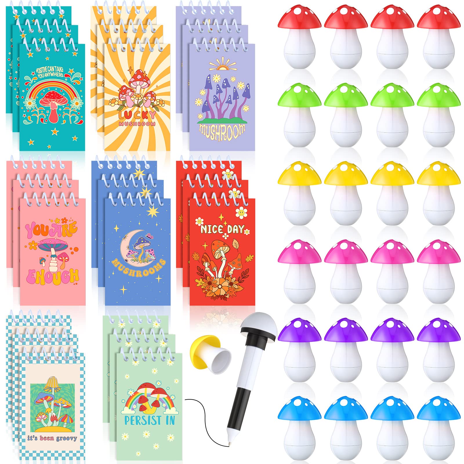 24 Pcs Mushroom Mini Notepads and 24 Pcs Mushroom Ballpoint Pen Mushroom Party Favors for Kids Spiral Mushroom Notebooks Cute Cartoon Retractable Ball Pen for Student Teacher Office School Reward