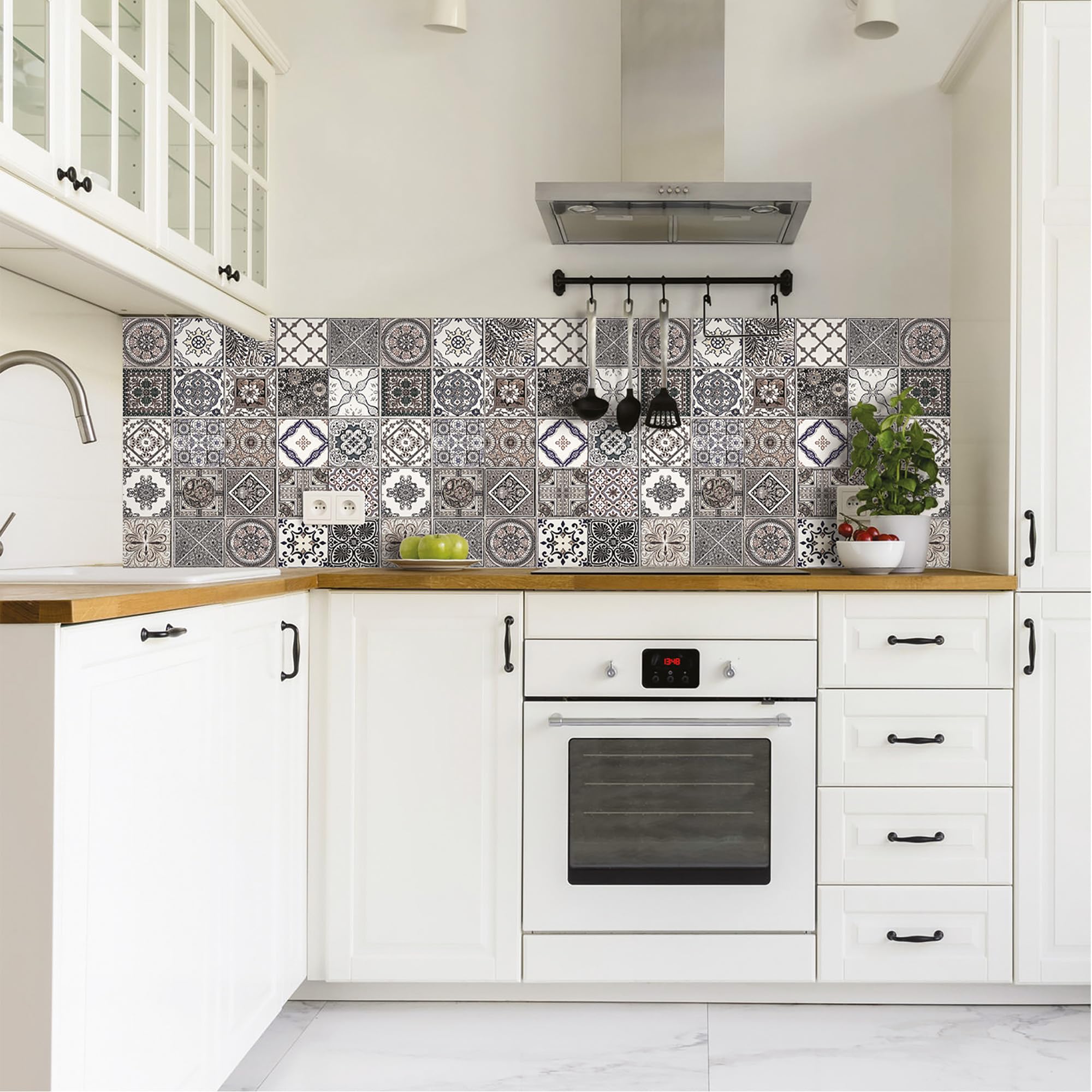 CREARREDA Kitchen Splashback Cover, Wall Sticker for Stoves, 60 x 58 cm, Glossy Effect – 1 mm Thick and Rigid – Fireproof and Resistant to Heat and Water – Ancient Azulejos Colour