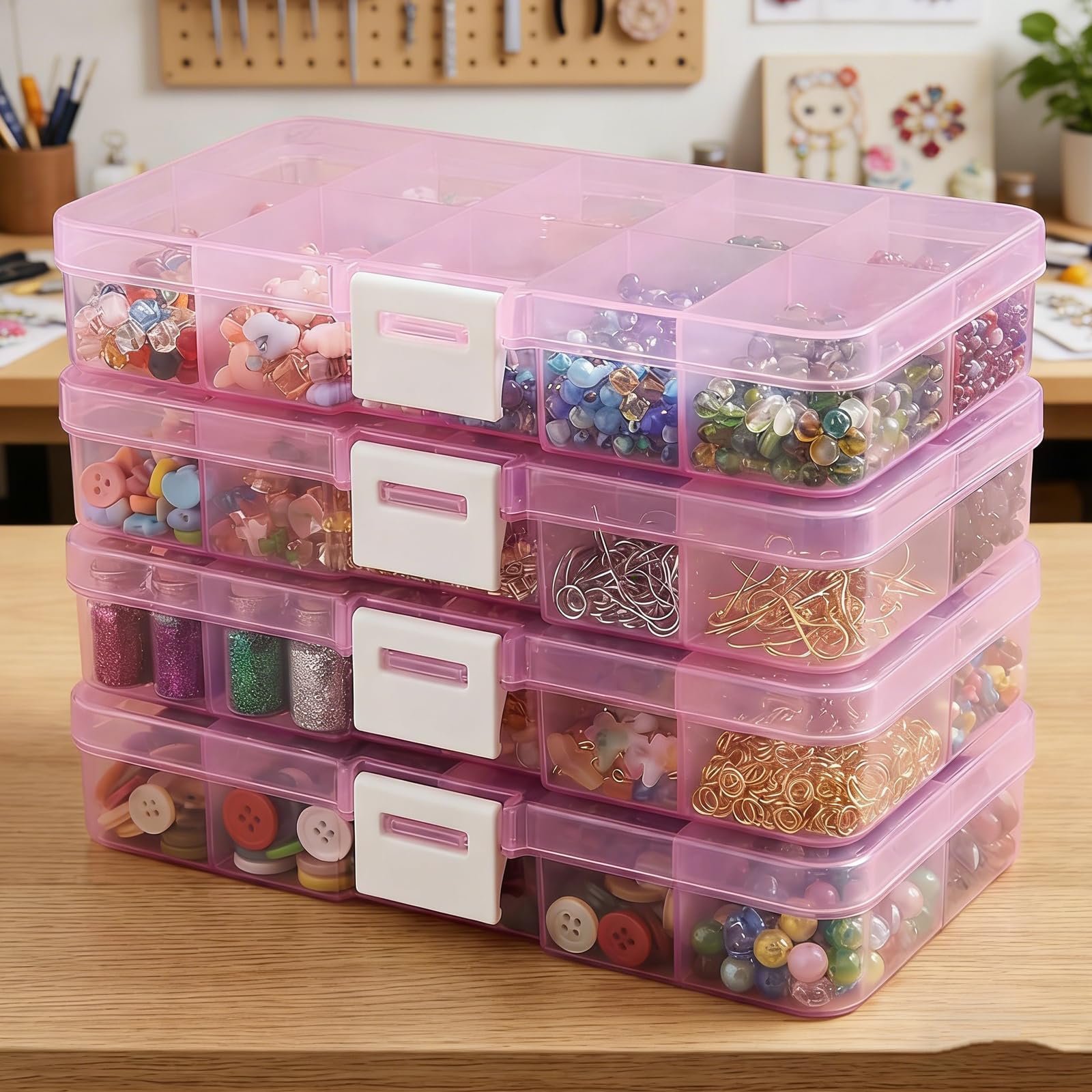 4-Pack Plastic Organizer Boxes with 40 Grids, Stackable Jewelry & Craft Storage Case, Waterproof Hardware Parts Holder for Beads, Nails, and Fishing Tackle, Portable DIY Hobbyist Gift.（Pink）