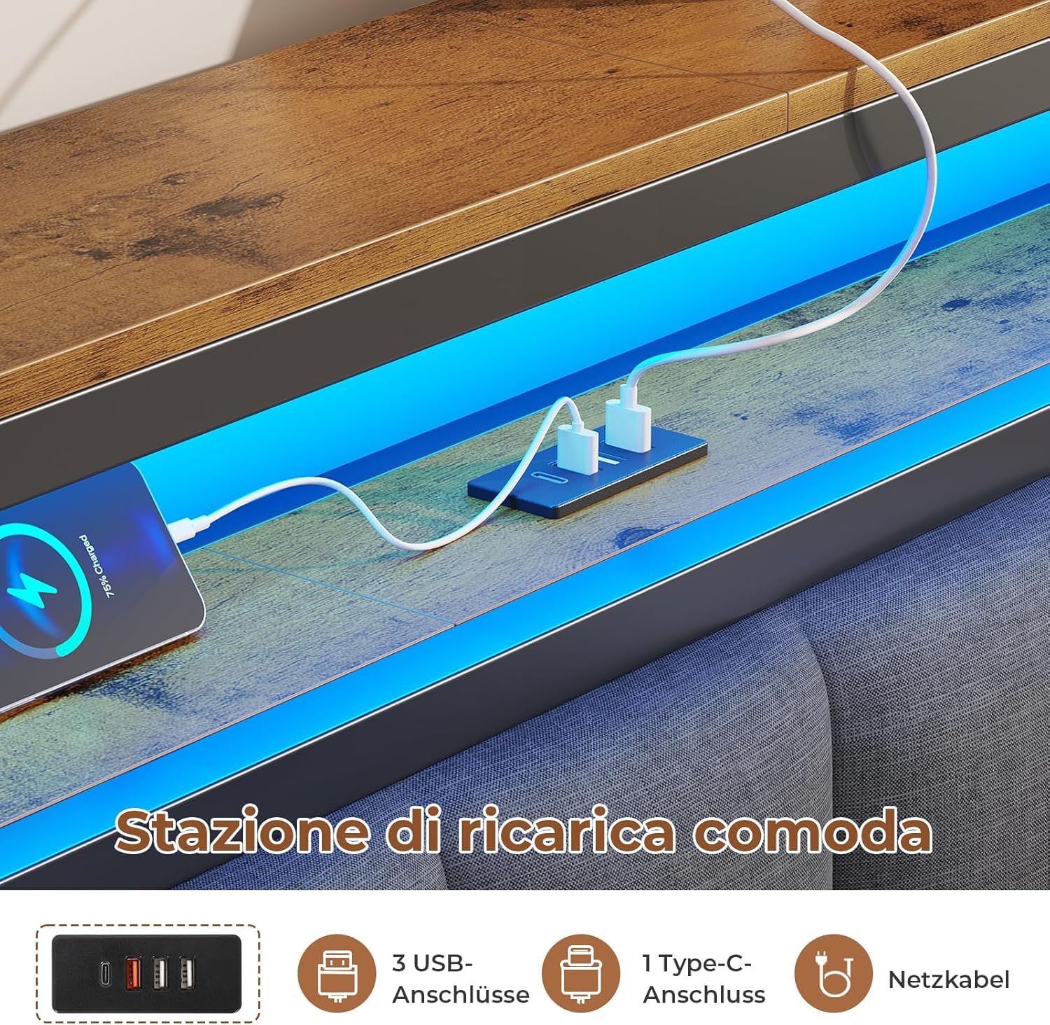 AOGLLATI Letto Matrimoniale, Letto 160x200 cm con Illuminazione a LED e Stazione di Ricarica, Struttura Letto con Testiera Imbottita, Effetto Visivo Levitante, Stile Minimalista, Grigio Scuro