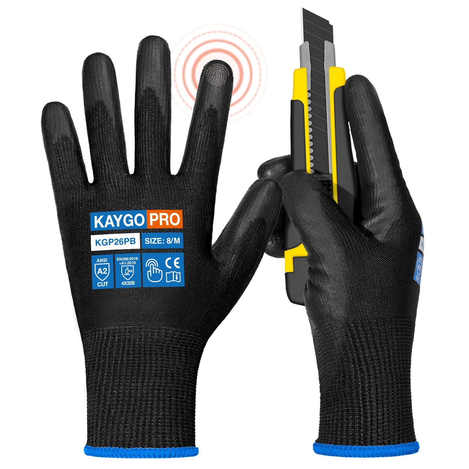 KAYGOWork Gloves PU Coated 6 Pairs Cut Resistant Touchscreen, KGP26PB, ANSI Cut Level A2 Safety Working Gloves with Secure Grip, Ideal for Warehouse Construction Carpentry Gardening (Medium, Black)