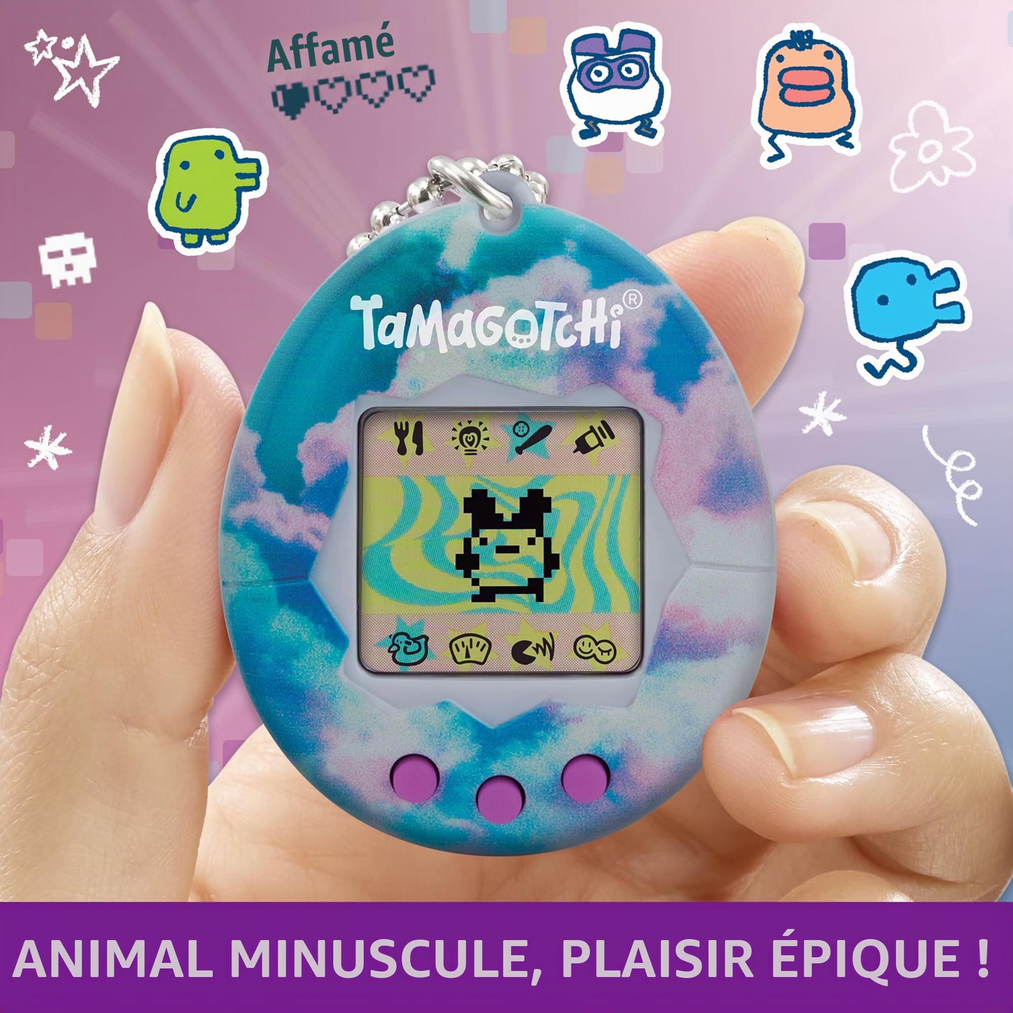 Tamagotchi 42948NBNP - Bandai Original Gén 2 - Coque au Motif Ciel avec chaîne - L’Animal de Compagnie virtuel Original Bleu